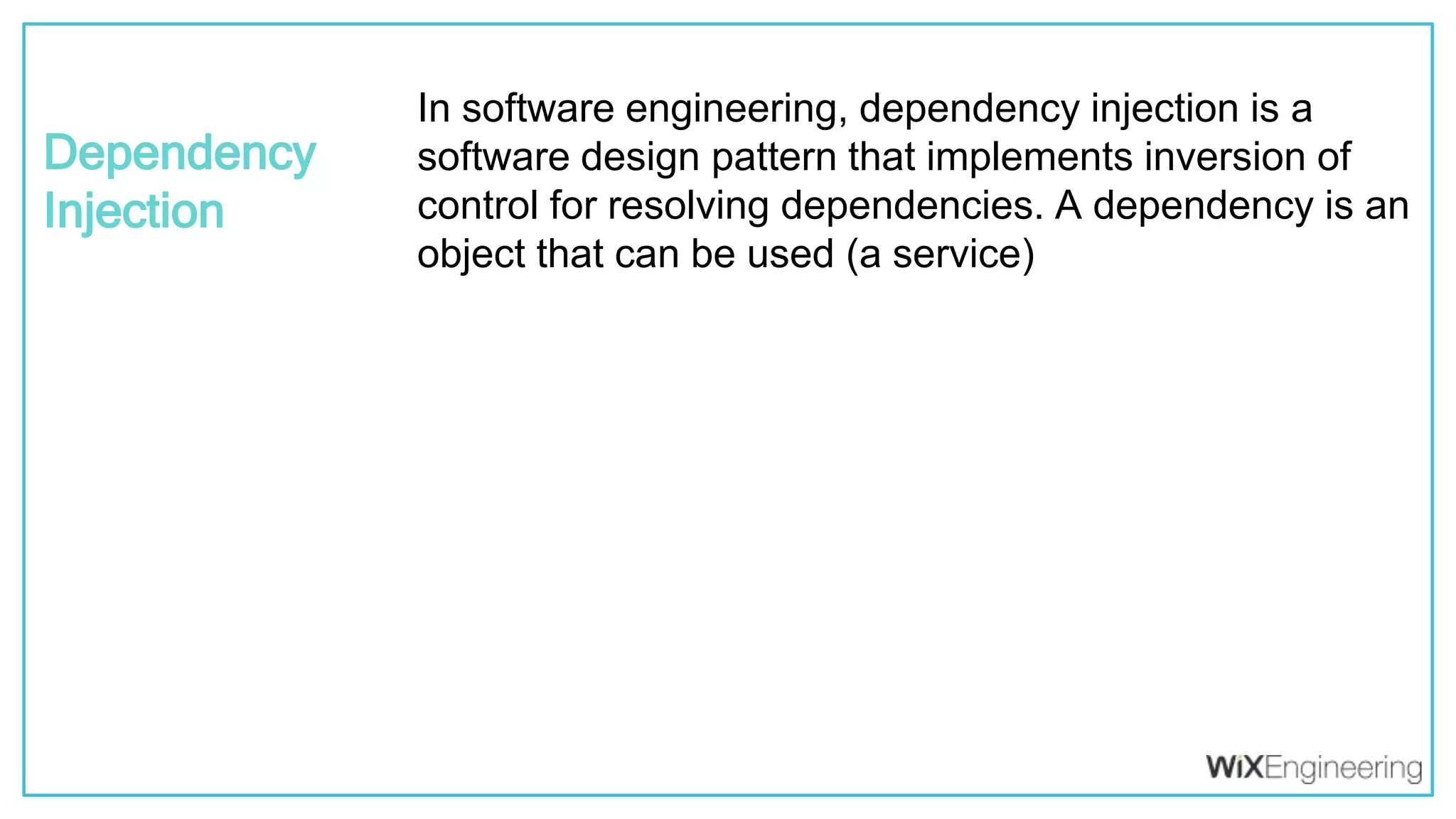 @kfirondev In software engineering, dependency injection is a software design pattern that implements inversion of control for resolving dependencies. A dependency is an object that can be used (a service) Dependency Injection 