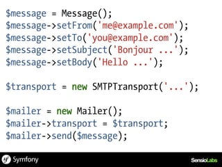 $message = Message();
$message->setFrom('me@example.com');
$message->setTo('you@example.com');
$message->setSubject('Bonjour ...');
$message->setBody('Hello ...');

$transport = new SMTPTransport('...');

$mailer = new Mailer();
$mailer->transport = $transport;
$mailer->send($message);
 