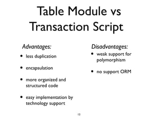Table Module vs
     Transaction Script
Advantages:                       Disadvantages:
•   less duplication              •   weak support for
                                      polymorphism
•   encapsulation
                                  •   no support ORM
•   more organized and
    structured code

•   easy implementation by
    technology support

                             13
 