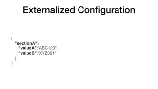 Externalized Conﬁguration
{
   "sectionA":{
      "valueA":"ABC123",
      "valueB":"XYZ321"
   }
}
 