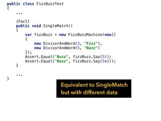 public class FizzBuzzTest
{
...
[Fact]
public void SingleMatch()
{
var fizzBuzz = new FizzBuzzMachine(new[]
{
new DivisorAndWord(3, "Fizz"),
new DivisorAndWord(5, "Buzz")
});
Assert.Equal("Buzz", fizzBuzz.Say(5));
Assert.Equal("Buzz", fizzBuzz.Say(5*2));
}
...
}
Equivalent to SingleMatch
but with different data
 