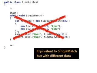 public class FizzBuzzTest
{
...
[Fact]
public void SingleMatch()
{
var fizzBuzz = new FizzBuzzMachine(new[]
{
new DivisorAndWord(3, "Fizz"),
new DivisorAndWord(5, "Buzz")
});
Assert.Equal("Buzz", fizzBuzz.Say(5));
Assert.Equal("Buzz", fizzBuzz.Say(5*2));
}
...
}
Equivalent to SingleMatch
but with different data
 