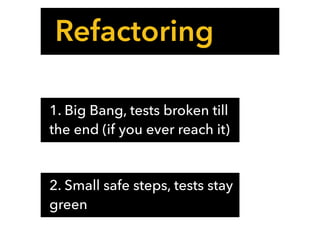 Refactoring
1. Big Bang, tests broken till
the end (if you ever reach it)
2. Small safe steps, tests stay
green
 