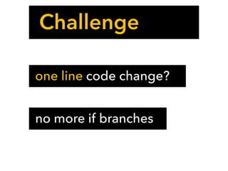 Challenge
one line code change?
no more if branches
 