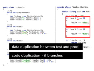 public class FizzBuzzMachine
{
public string Say(int num)
{
var result = "";
if (num % 3 == 0)
{
result += "Fizz";
}
if (num % 5 == 0)
{
result += "Buzz";
}
if (result != "")
return result;
return num.ToString();
}
}
public class FizzBuzzTest
{
[Fact]
public void SimpleNumber()
{
var fizzBuzz = new FizzBuzzMachine();
Assert.Equal("1", fizzBuzz.Say(1));
Assert.Equal("2", fizzBuzz.Say(2));
}
[Fact]
public void Fizz()
{
var fizzBuzz = new FizzBuzzMachine();
Assert.Equal("Fizz", fizzBuzz.Say(3));
Assert.Equal("Fizz", fizzBuzz.Say(3 * 2));
}
[Fact]
public void Buzz()
{
var fizzBuzz = new FizzBuzzMachine();
Assert.Equal("Buzz", fizzBuzz.Say(5));
Assert.Equal("Buzz", fizzBuzz.Say(5 * 2));
}
[Fact]
public void FizzBuzz()
{
var fizzBuzz = new FizzBuzzMachine();
Assert.Equal("FizzBuzz", fizzBuzz.Say(3 * 5));
Assert.Equal("FizzBuzz", fizzBuzz.Say(3 * 5 * 2));
}
}
data duplication between test and prod
code duplication - if branches
 