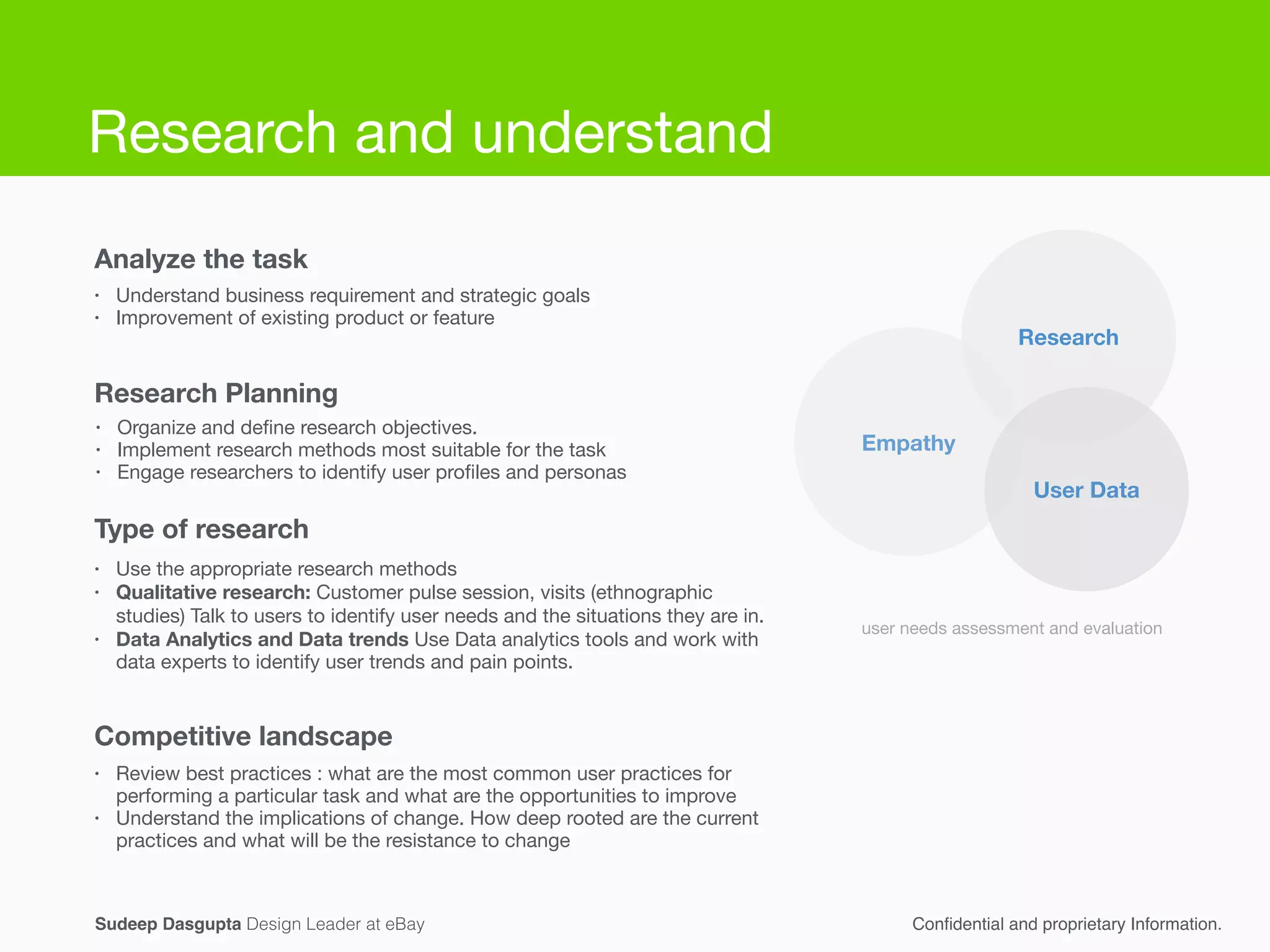 Analyze the task
Empathy
Research
User Data
• Understand business requirement and strategic goals

• Improvement of existing product or feature
Research Planning
• Organize and deﬁne research objectives.

• Implement research methods most suitable for the task

• Engage researchers to identify user proﬁles and personas
Type of research
• Use the appropriate research methods

• Qualitative research: Customer pulse session, visits (ethnographic
studies) Talk to users to identify user needs and the situations they are in.

• Data Analytics and Data trends Use Data analytics tools and work with
data experts to identify user trends and pain points.
Competitive landscape
• Review best practices : what are the most common user practices for
performing a particular task and what are the opportunities to improve

• Understand the implications of change. How deep rooted are the current
practices and what will be the resistance to change
Conﬁdential and proprietary Information.Sudeep Dasgupta Design Leader at eBay
user needs assessment and evaluation
Research and understand
 
