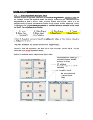 2
Tasks - Methodology
PART 1A – Sketching Elements of Design in Nature
Individually students are required to observe nature and capture design elements apparent or unseen with
their bare eyes. Students are required to sketch their findings, understanding and interpretation of basic
design elements on white A5 art block paper. In addition students are to produce 2 pieces of A4 size
artworks to explore further the basic elements of design not just in nature. Students are required to sketch
the followings and to include an explanation page(s) for each item behind the artwork to further explain
and identify the required elements of design;
A. Lines B. Shape: Organic C. Form: Organic D. Texture
E. Colour - Hue F. Colour - Value G. Space/Scenery H. Space/Scenery
I. Geometric Art J. Any Abstract Art
For items A – H, students are required to sketch using 2B pencil or felt pen for these sketches. It should not
be all 2B pencil or all felt pen.
For E and F, students are may use water colour, markers and pencil colour.
For I and J, either one must be black and white and the other should be a coloured artwork. Using any
medium and paper except 2B pencil and felt pen.
Students are required to prepare it according the diagram below;
(Explanation page will be behind
the artwork)
Line – The Leaf Title & Label
Title & Label Title & Label
Title & Label Title & Label
Title & Label Title & Label Title & Label Title & Label
Intro to Design Project 1A (YOUR NAME)
Intro to Design Project 1A (YOUR NAME)
Please write the labels and title (give it a
good name) using white pencil with
architecture handwriting
Intro to Design Project 1A (YOUR NAME)
 