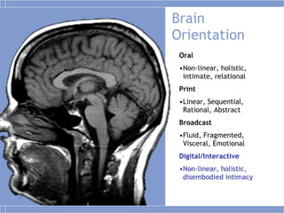 Brain Orientation Oral Non-linear, holistic, intimate, relational Print  Linear, Sequential, Rational, Abstract Broadcast Fluid, Fragmented, Visceral, Emotional Digital/Interactive Non-linear, holistic, disembodied intimacy 