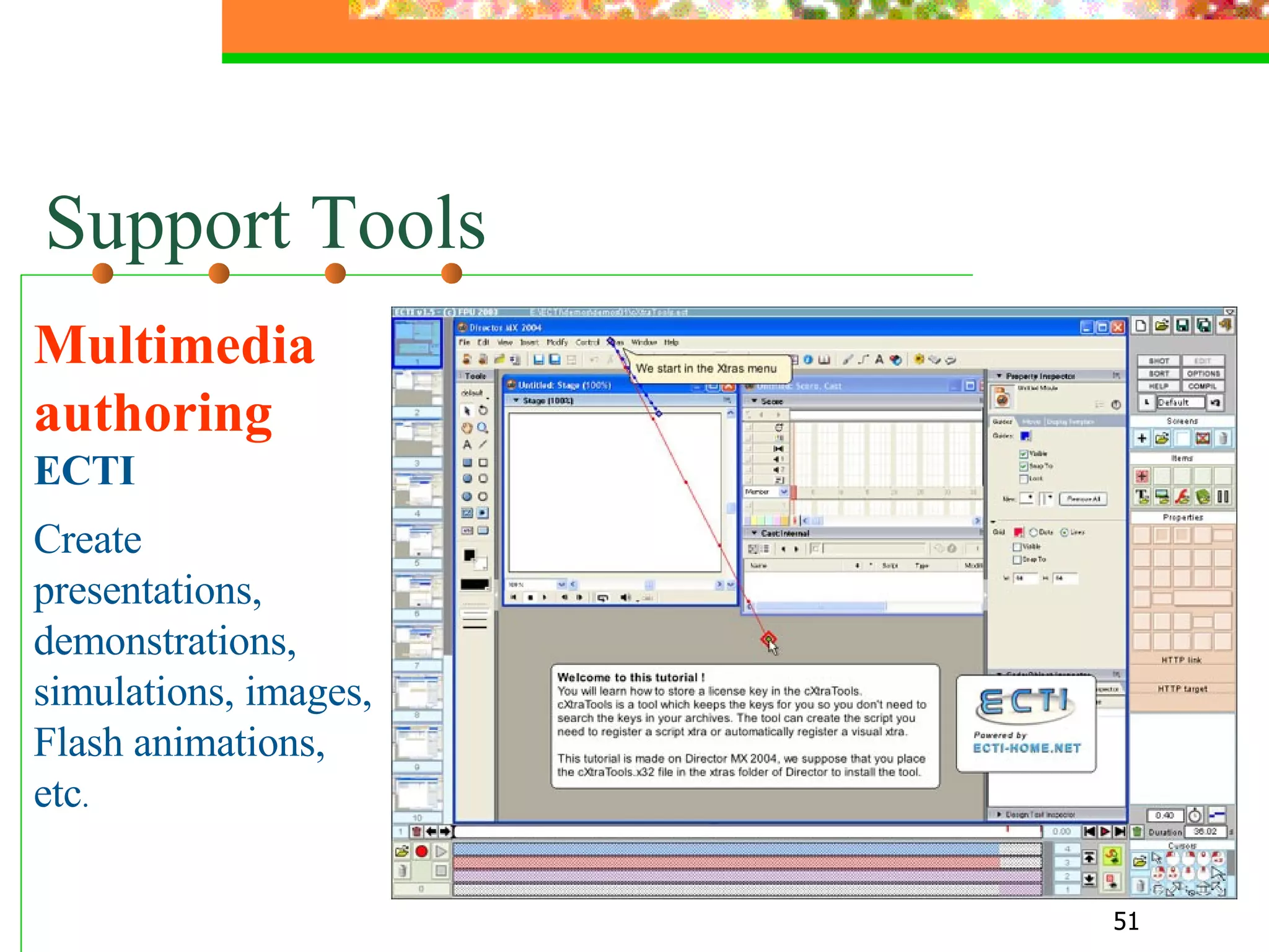 Support Tools Multimedia authoring  ECTI  Create presentations, demonstrations, simulations, images, Flash animations, etc . 
