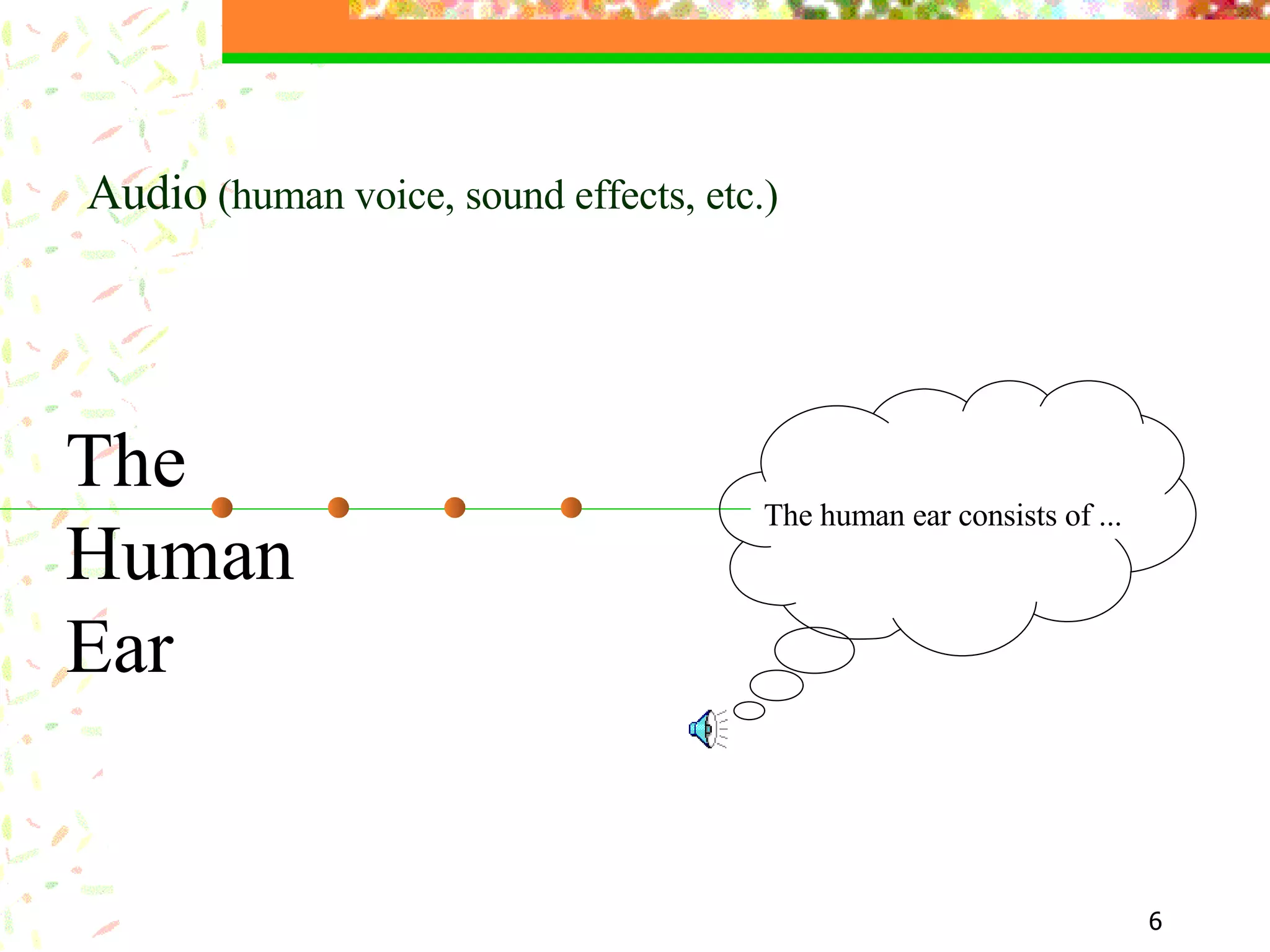 The  Human Ear Audio  (human voice, sound effects, etc.) The human ear consists of ... 