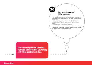 25. mars 2014
Elevene mangler ett kontakt-
punkt de kan kontakte uavhengig
av hvilket problem de har.
30
Den røde knappen/
Hjelp-portalen
- Ett sted å henvende seg ved utfordringer i mestring av
hverdagen (One stop shop hvor alle typer problemer kan
meldes inn)
- Den røde knappen kan være fysisk (Samlokaliserte
hjelpetjenester), og/eller abstrakt (ett digitalt kontakt-
punkt).
- Fagveiledning - Lite sensitivt -> e-post
- Psykososiale problemer - sensitivt -> behov for samtale
- Lav terskel for kontakt. Mulighet for anonymitet, kontakt
pr. telefon, SMS, e-post og/eller Chat.
 