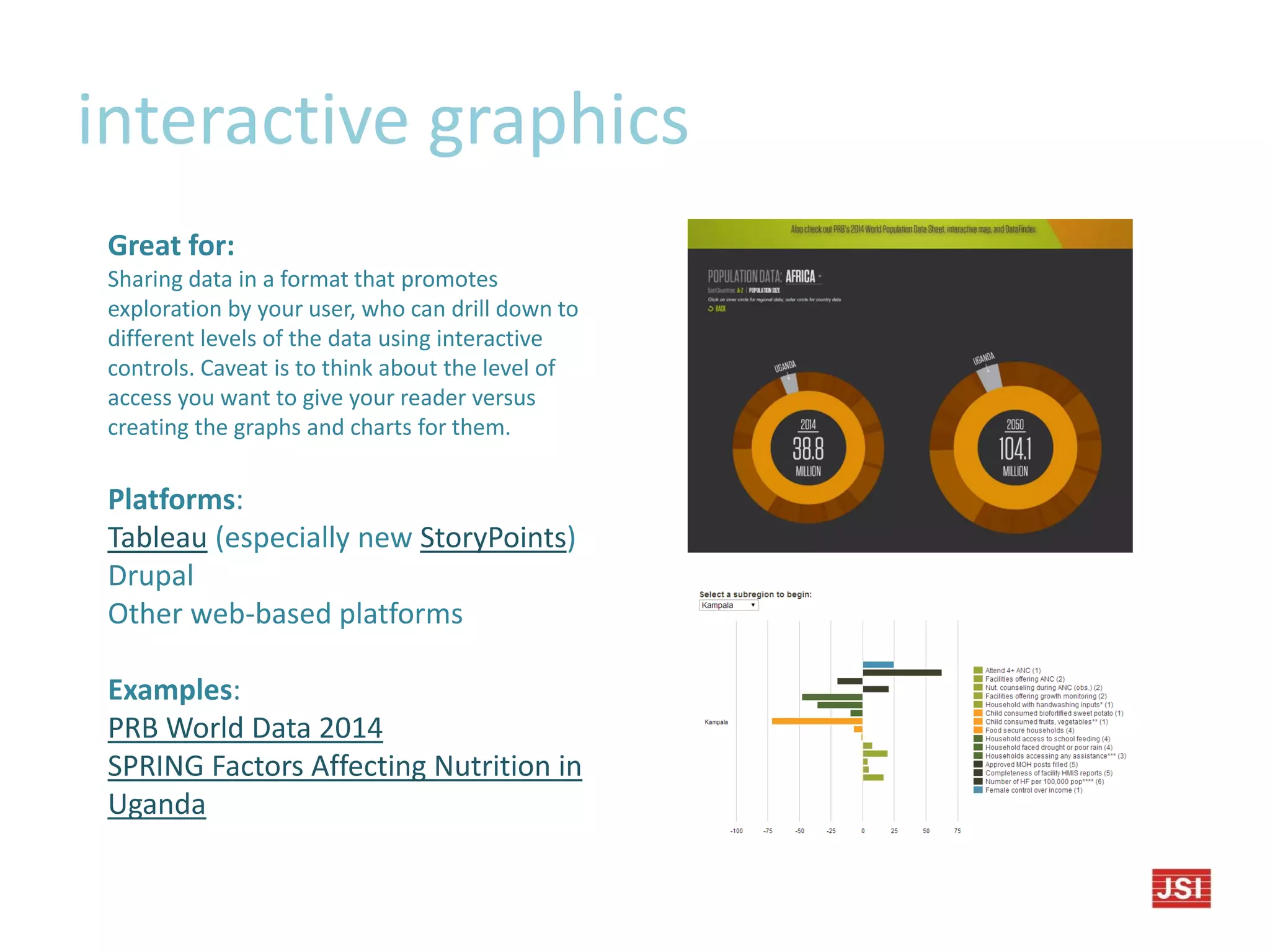 interactive graphics
Great for:
Sharing data in a format that promotes
exploration by your user, who can drill down to
different levels of the data using interactive
controls. Caveat is to think about the level of
access you want to give your reader versus
creating the graphs and charts for them.
Platforms:
Tableau (especially new StoryPoints)
Drupal
Other web-based platforms
Examples:
PRB World Data 2014
SPRING Factors Affecting Nutrition in
Uganda
 