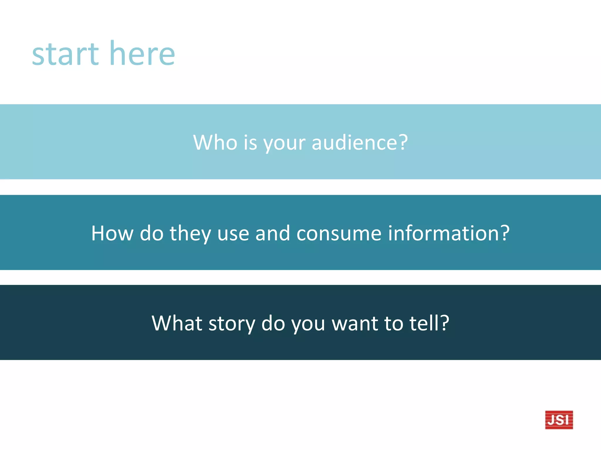 start here
Who is your audience?
How do they use and consume information?
What story do you want to tell?
 