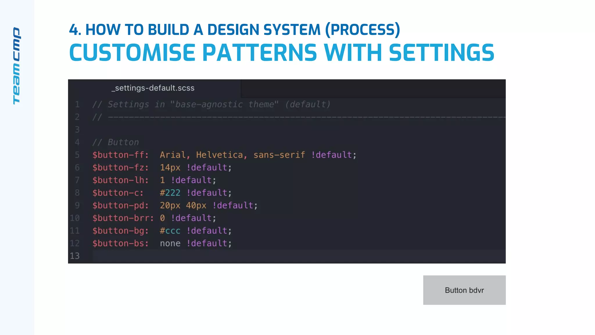 4. HOW TO BUILD A DESIGN SYSTEM (PROCESS)
CUSTOMISE PATTERNS WITH SETTINGS
 