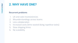 2. WHY HAVE ONE?
Recurrent problems
1. UX and code inconsistencies
2. Misunderstandings across teams
3. Less collaboration
4. Increased costs (time wasted doing repetitive tasks)
5. Slow shipping times
6. No scalability
 