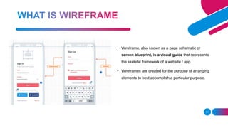 31
• Wireframe, also known as a page schematic or
screen blueprint, is a visual guide that represents
the skeletal framework of a website / app.
• Wireframes are created for the purpose of arranging
elements to best accomplish a particular purpose.
 