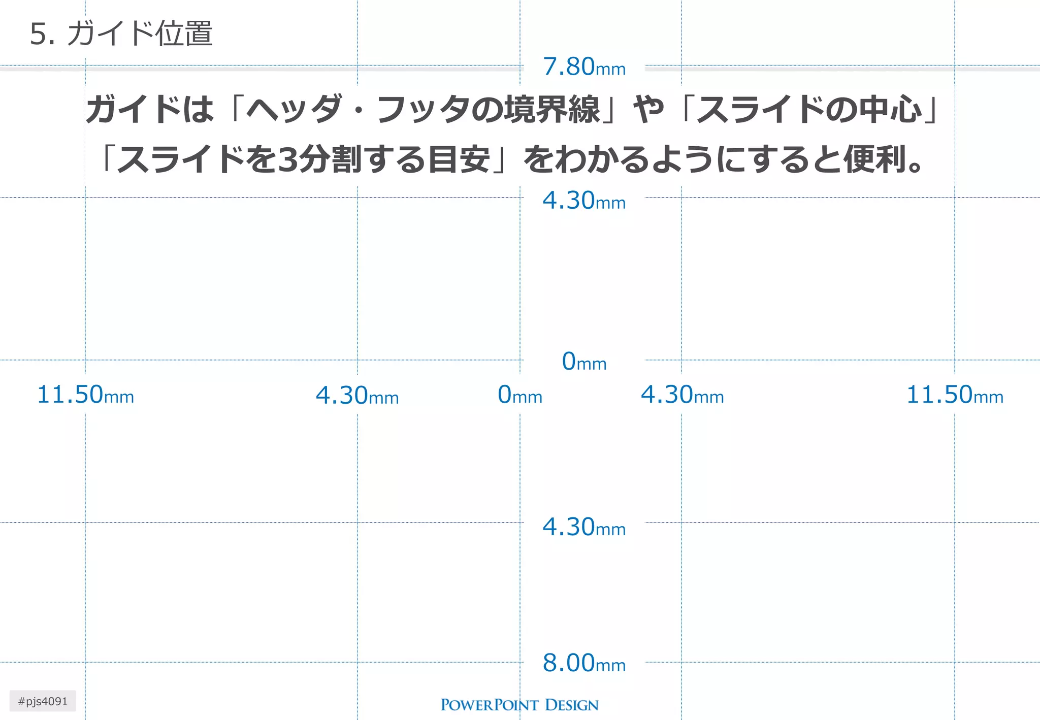 0mm 
4.30mm 
11.50mm 
8.00mm 
5. ガイド位置 
7.80mm 
4.30mm 
11.50mm 
0mm 
4.30mm 
4.30mm 
ガイドは「ヘッダ・フッタの境界線」や「スライドの中心」 「スライドを3分割する目安」をわかるようにすると便利。 
#pjs4111  