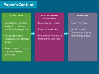 related work
•Metaphor in interface
design from a formal
and critical perspective
•Image-schematic
metaphor and interface
design
•Skeuomorphic,flat,and
skeuominimalist
interfaces
critical analysis
of instagram
•Metaphorical tension
•Interaction criticism
•Presence of tensions on
Instagram's interface
•Design Tension
•Implications for
Communication and
Information Design
discussion
Paper'sContent
 