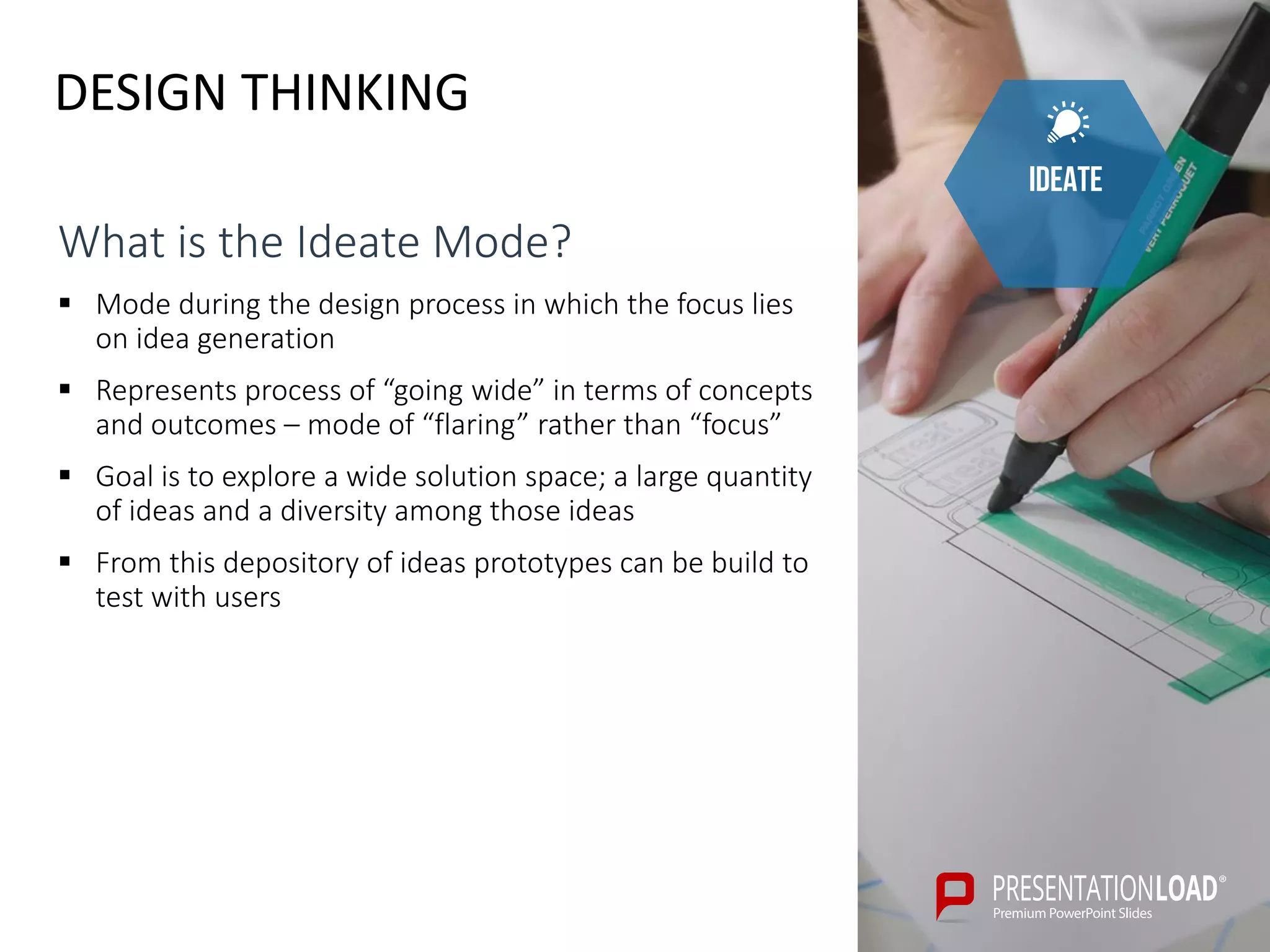 DESIGN THINKING
ideate
What is the Ideate Mode?
 Mode during the design process in which the focus lies
on idea generation
 Represents process of “going wide” in terms of concepts
and outcomes – mode of “flaring” rather than “focus”
 Goal is to explore a wide solution space; a large quantity
of ideas and a diversity among those ideas
 From this depository of ideas prototypes can be build to
test with users
 