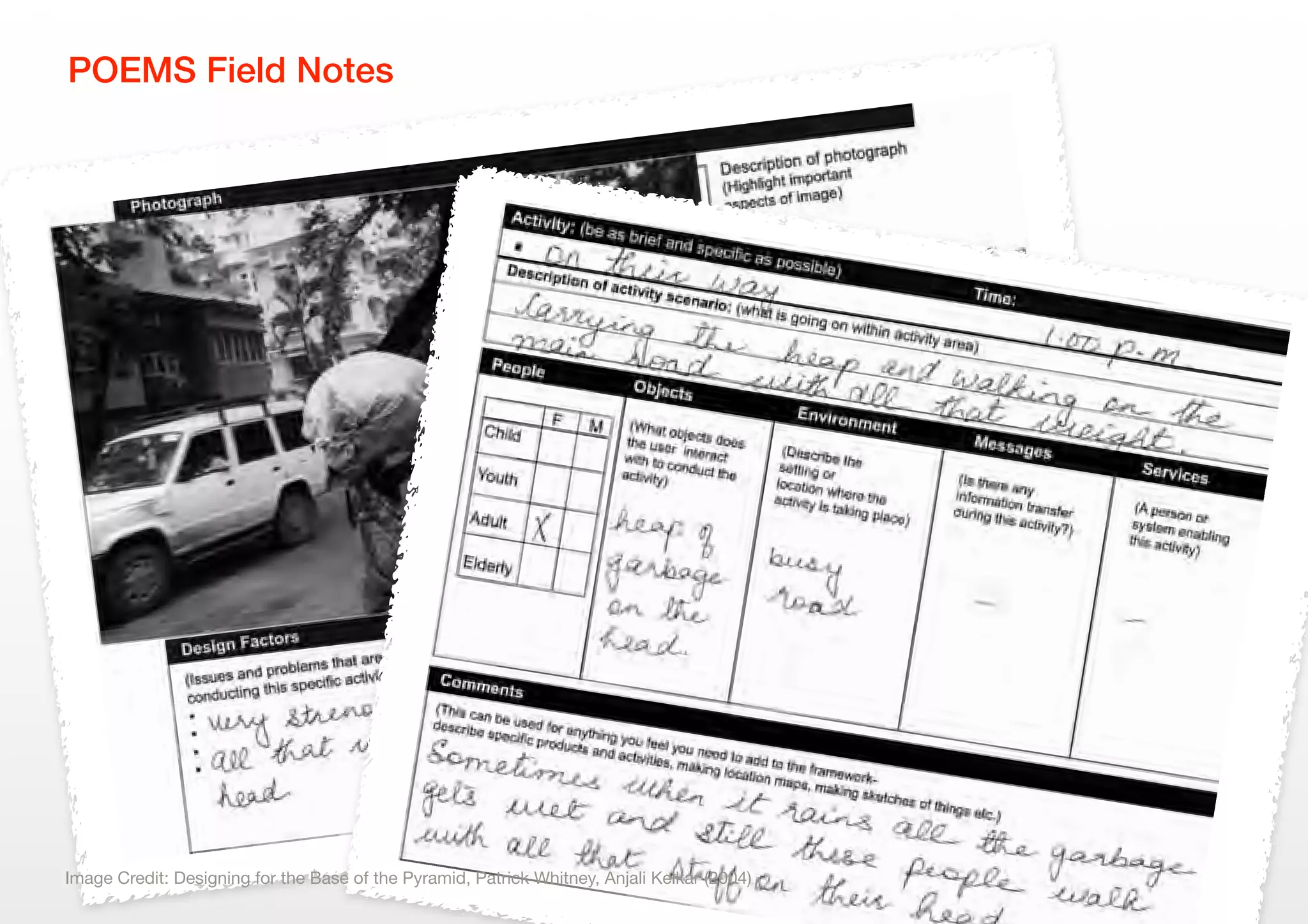 mework helped researchers do rapid ethnography and work within research parameters pertaining to the topic. Th
found plastic into large jute bags and carry it on foot to a plastic wholesaler, w
stifies the activity.
POEMS Field Notes
27
Designing for the Base of the P
nd work within research paramarg
Image Credit: Designing for the Base of the Pyramid, Patrick Whitney, Anjali Kelkar (2004)
 