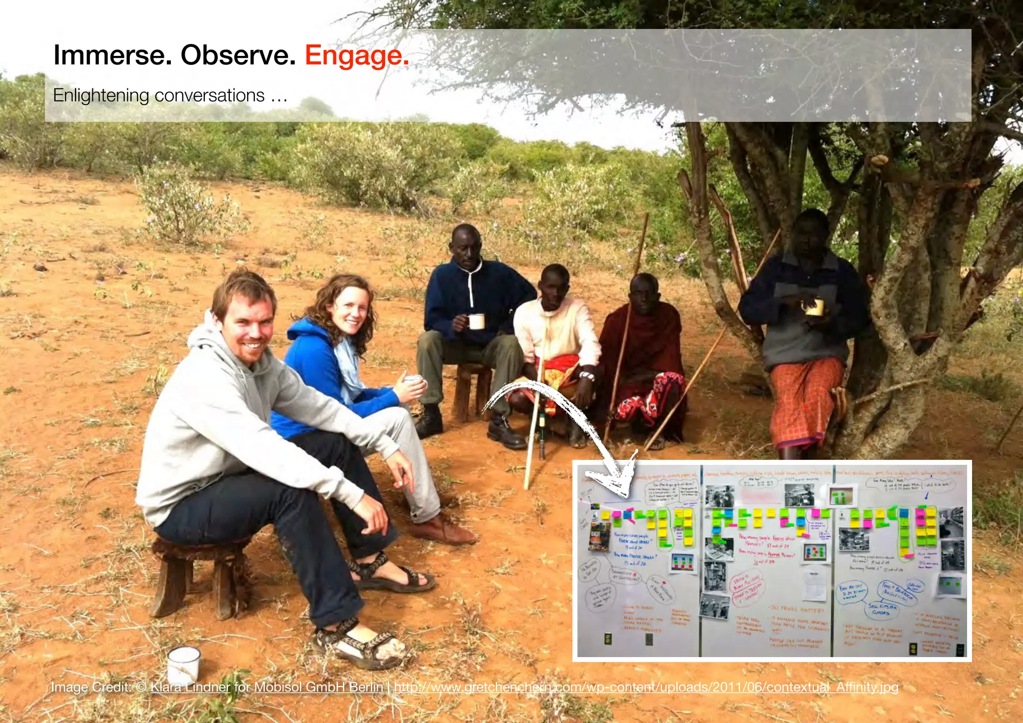 31
Enlightening conversations …
Immerse. Observe. Engage.
Image Credit: © Klara Lindner for Mobisol GmbH Berlin | http://www.gretchenchern.com/wp-content/uploads/2011/06/contextual_Aﬃnity.jpg
 