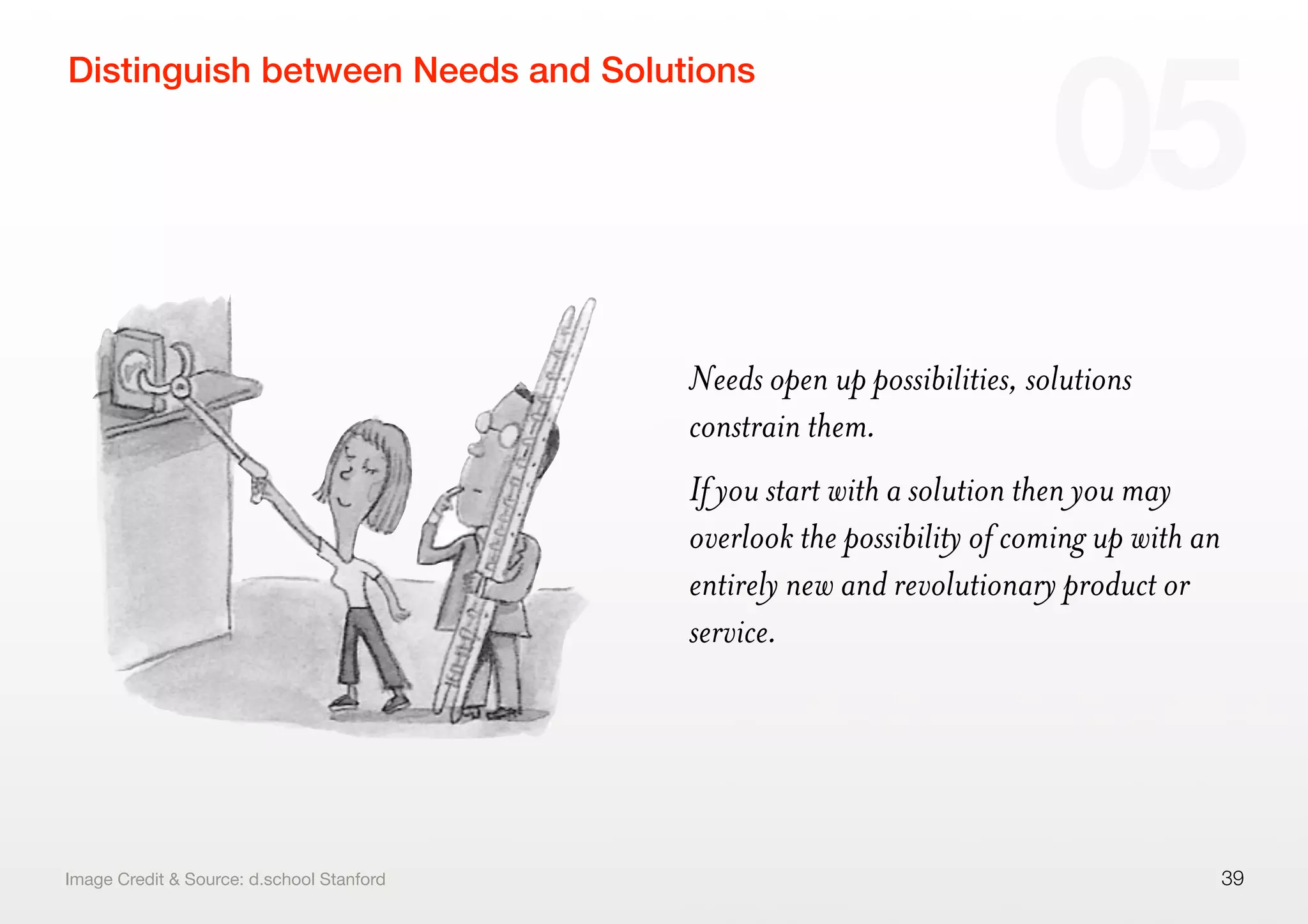 Needs open up possibilities, solutions
constrain them.
If you start with a solution then you may
overlook the possibility of coming up with an
entirely new and revolutionary product or
service.
39
Distinguish between Needs and Solutions
05
Image Credit & Source: d.school Stanford
 