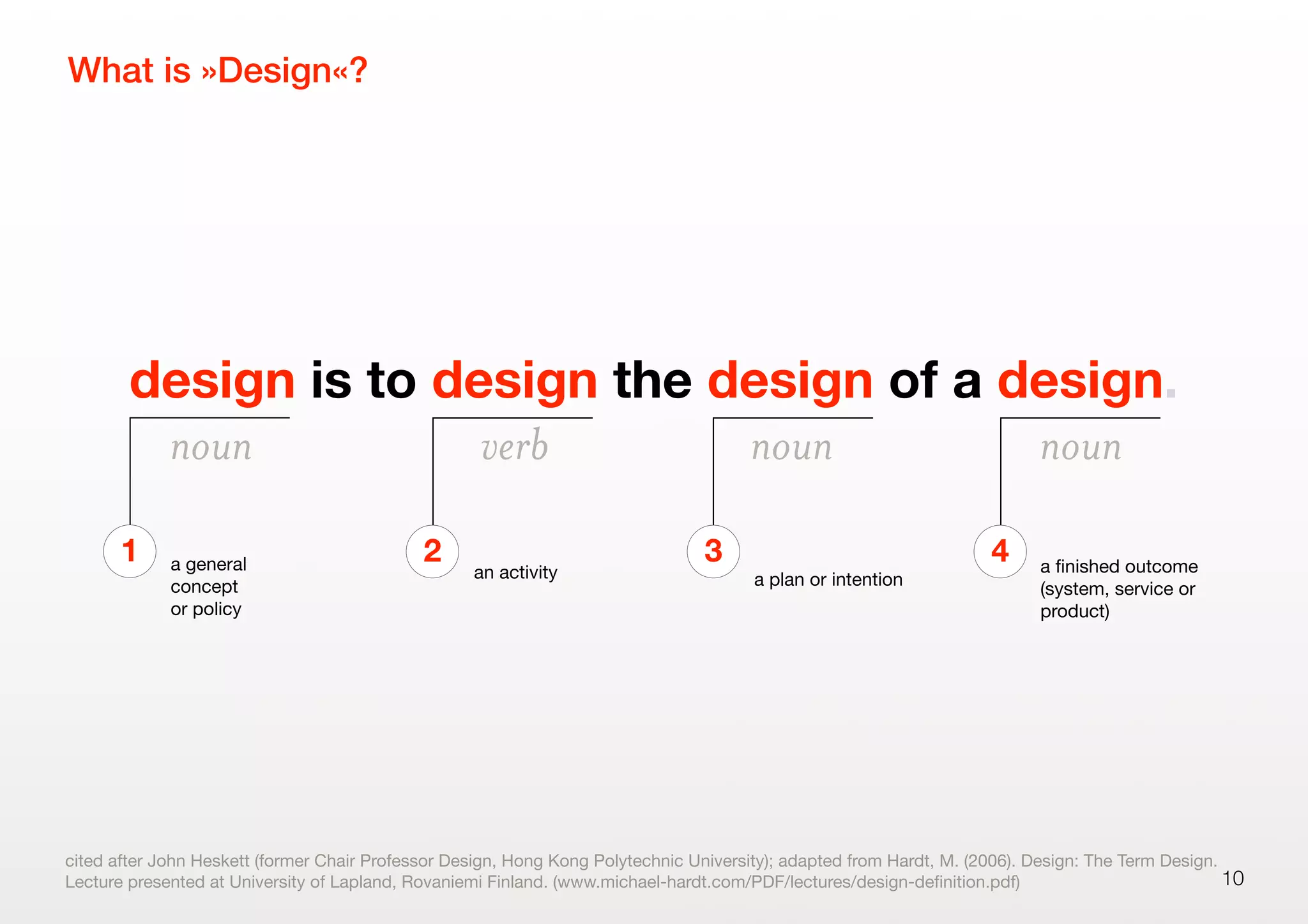 design is to design the design of a design.
What is »Design«?
cited after John Heskett (former Chair Professor Design, Hong Kong Polytechnic University); adapted from Hardt, M. (2006). Design: The Term Design.
Lecture presented at University of Lapland, Rovaniemi Finland. (www.michael-hardt.com/PDF/lectures/design-deﬁnition.pdf)
a general
concept
or policy
1
an activity
2
a plan or intention
3 a ﬁnished outcome
(system, service or
product)
4
noun verb noun noun
10
 