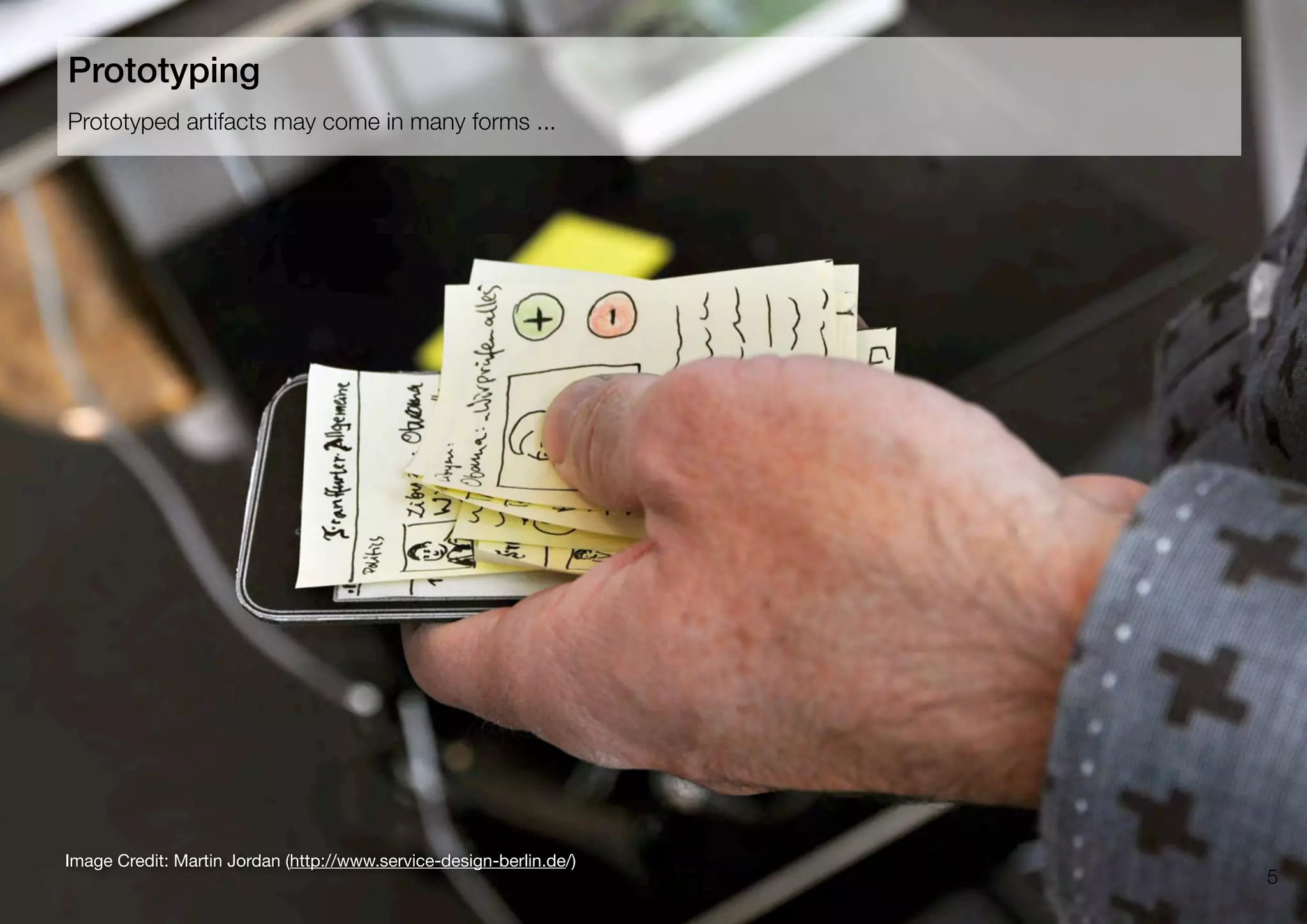 5
Image Credit: Martin Jordan (http://www.service-design-berlin.de/)
Prototyped artifacts may come in many forms ...
Prototyping
 