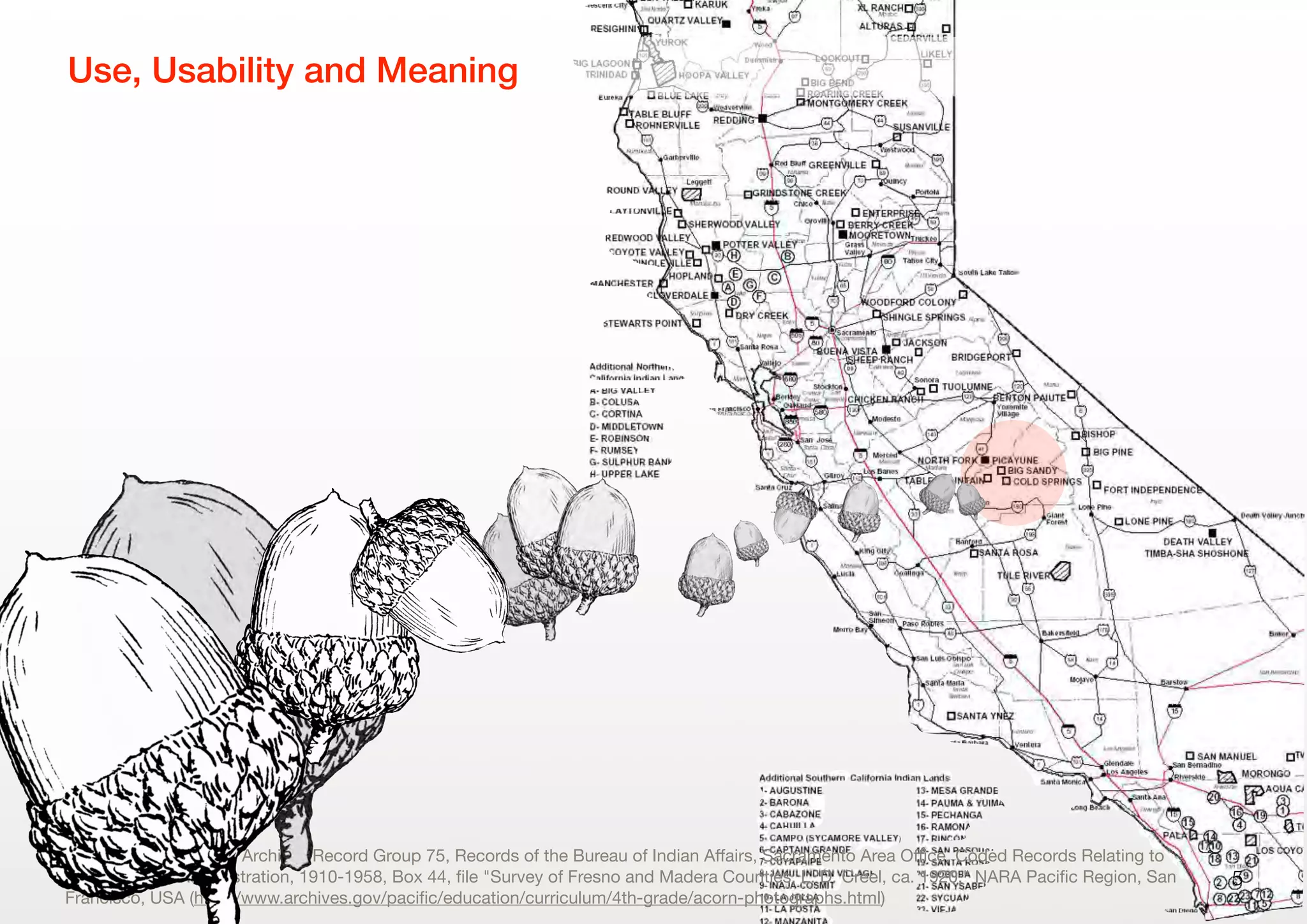 5
Use, Usability and Meaning
Image Credit: National Archives Record Group 75, Records of the Bureau of Indian Aﬀairs, Sacramento Area Oﬃce. Coded Records Relating to
Programs and Administration, 1910-1958, Box 44, ﬁle "Survey of Fresno and Madera Counties, L. D. Creel, ca. 1920," NARA Paciﬁc Region, San
Francisco, USA (http://www.archives.gov/paciﬁc/education/curriculum/4th-grade/acorn-photographs.html)
 