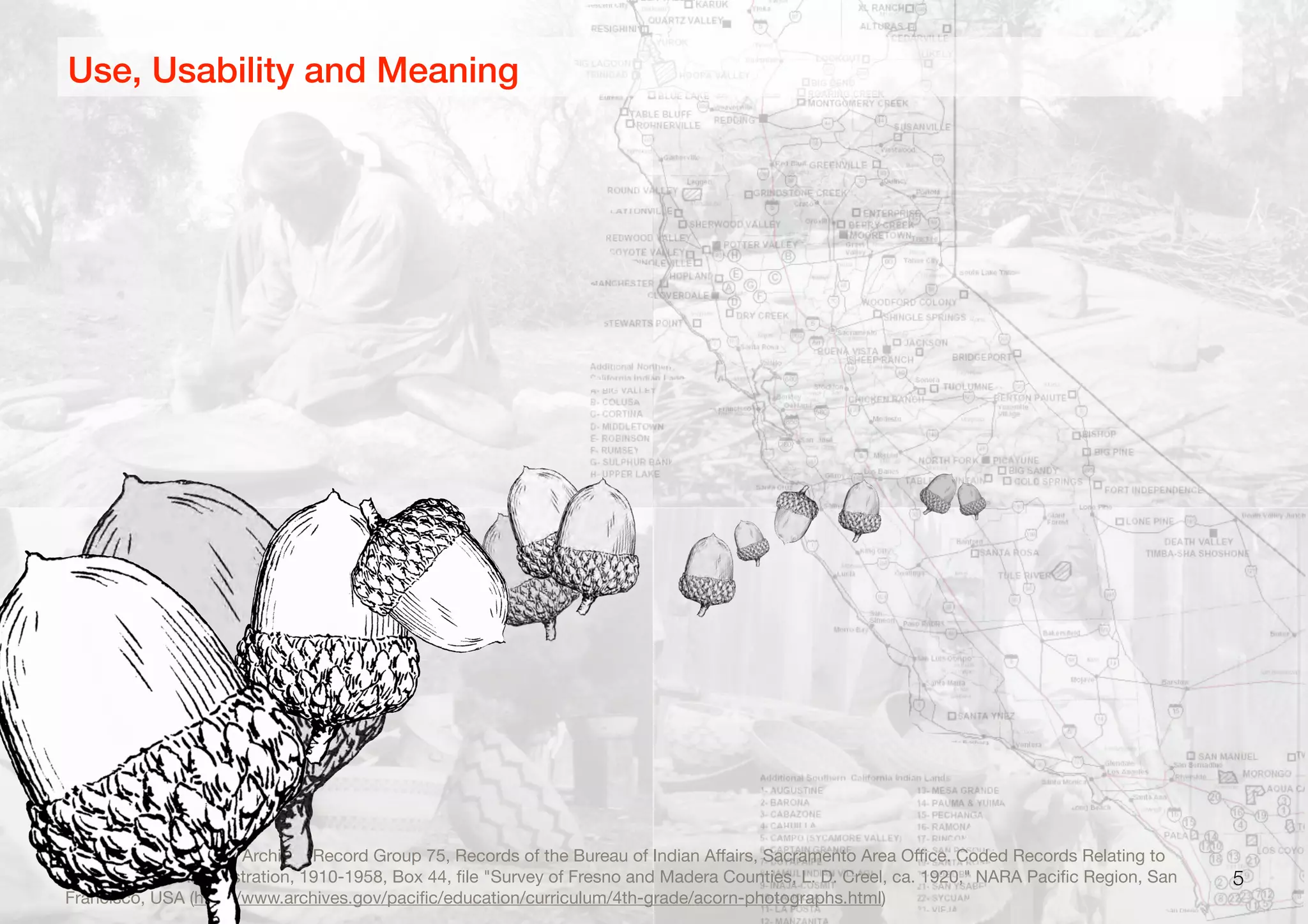 5
Use, Usability and Meaning
Image Credit: National Archives Record Group 75, Records of the Bureau of Indian Aﬀairs, Sacramento Area Oﬃce. Coded Records Relating to
Programs and Administration, 1910-1958, Box 44, ﬁle "Survey of Fresno and Madera Counties, L. D. Creel, ca. 1920," NARA Paciﬁc Region, San
Francisco, USA (http://www.archives.gov/paciﬁc/education/curriculum/4th-grade/acorn-photographs.html)
 