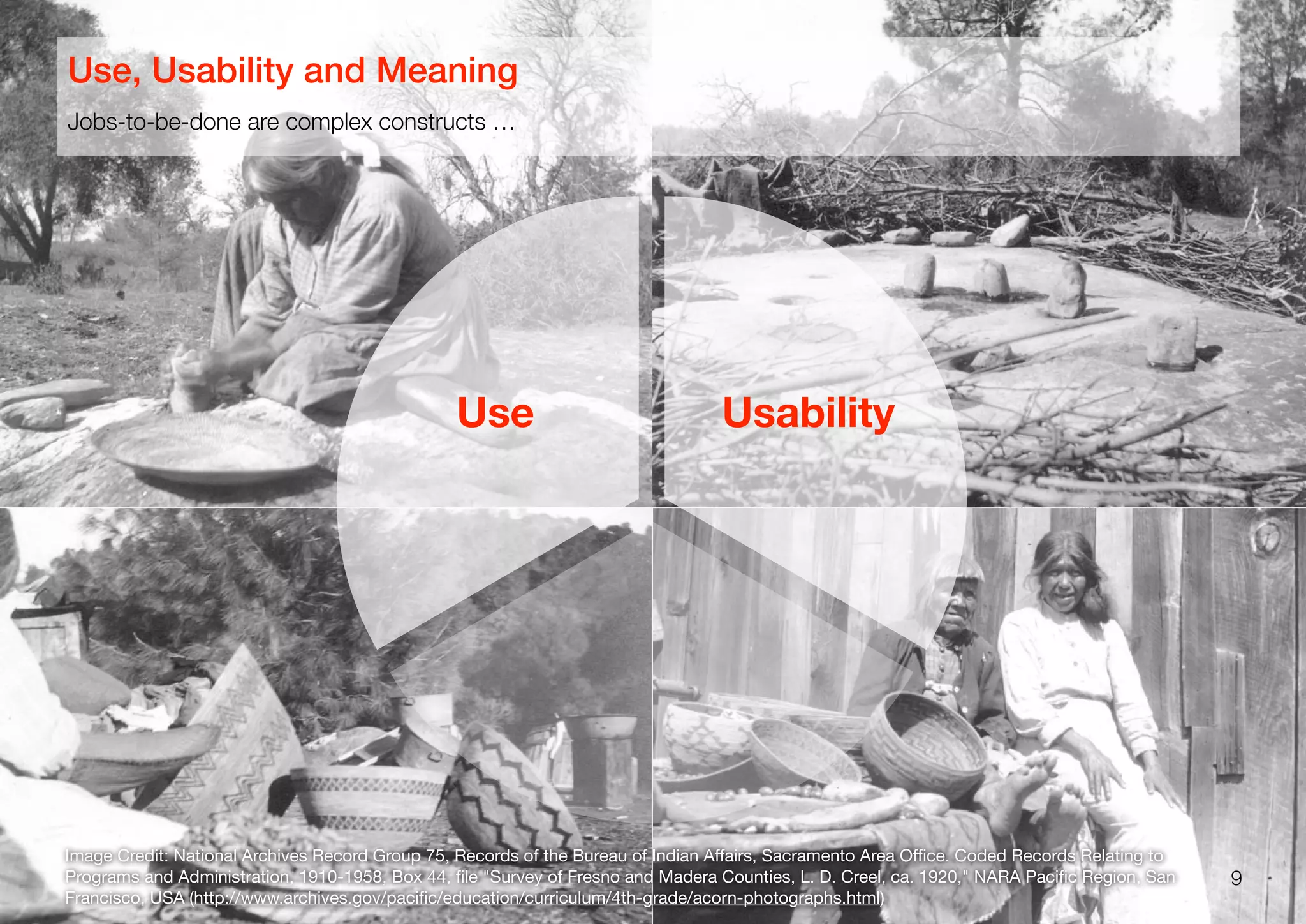 Reproduced from the archival holdings of the National Archives and Records Administration – Pacific Region (San Francisc
5. This is [a] Chuckachancy [sic] Indian woman preparing acorns for grinding. Some of t
acorns may be seen lying on the platform. Removing the hull of the acorn is a slow and difficu
operation. The shell is sometimes cracked with a small stone and the hulls picked off but often
they are moved by the teeth of the women. This woman was probably seventy-five or -eight
years of age, yet she was removing the shells with her teeth which were absolutely perfect.
duced from the archival holdings of the National Archives and Records Administration – Pacific Region (San Francisco)
Baskets used in the preparation of mush and bread from the acorn. These Indians are the
expert basket makers now living and their baskets demand high prices. After the acorns are
d into meal a mound of white sand is built about eighteen inches in height for feet in
ter, flattened at the top and hollowed out. A cloth is spread over this, the acorn flour
buted evenly around and covered with small fir boughs. During this time a number of
stones have been heating in a nearby fire. Water is placed in one of the baskets and heated
se stones until moderately hot when the water is poured through these fir boughs onto the
or the purpose of leaching out the bitter principle contained in the acorn. As soon as this is
ughly leached the meal is placed in another basket and it is filled with water and boiled by
erring these hot rocks to the basket and reheating them as fast as they are cooled by the
This is kept up until it is thoroughly cooked. Enough is cooked to last the family about a
or ten days. The mush is kept in a basket. From meal to meal a portion is dipped out into a
er basket and reduced to a thin gruel or soup, which is eaten in smaller baskets.
9
Image Credit: National Archives Record Group 75, Records of the Bureau of Indian Aﬀairs, Sacramento Area Oﬃce. Coded Records Relating to
Programs and Administration, 1910-1958, Box 44, ﬁle "Survey of Fresno and Madera Counties, L. D. Creel, ca. 1920," NARA Paciﬁc Region, San
Francisco, USA (http://www.archives.gov/paciﬁc/education/curriculum/4th-grade/acorn-photographs.html)
Jobs-to-be-done are complex constructs …
Use, Usability and Meaning
Use Usability
 