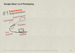 12
Google Glass’ Lo-ﬁ Prototyping
Source: Tom Chi (Google X) @ TED (http://blog.ted.com/2013/02/01/google-glass-prototyped-using-binder-clips-and-clay/)
#1
Experience:
Augmentation
 