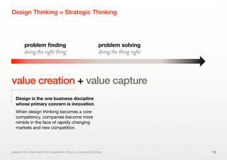 value creation + value capture
Design Thinking = Strategic Thinking
13
doing the right thing
problem ﬁnding
doing the thing right
problem solving
Design is the one business discipline
whose primary concern is innovation.
When design thinking becomes a core
competency, companies become more
nimble in the face of rapidly changing
markets and new competition.
adapted from Bernhard Roth (Academic Director, d.school Stanford)
 