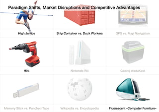 High Jumps Ship Container vs. Dock Workers GPS vs. Map Navigation
Hilti Nintendo Wii Godrej chotuKool
Memory Stick vs. Punched Tape Wikipedia vs. Encyclopedia Fluorescent »Computer Furniture«
Paradigm Shifts, Market Disruptions and Competitive Advantages
 