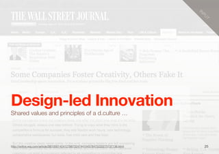 25
Design-led Innovation
Shared values and principles of a d.culture …
IN
PU
T
http://online.wsj.com/article/SB10001424127887324744104578475220275737136.html
 