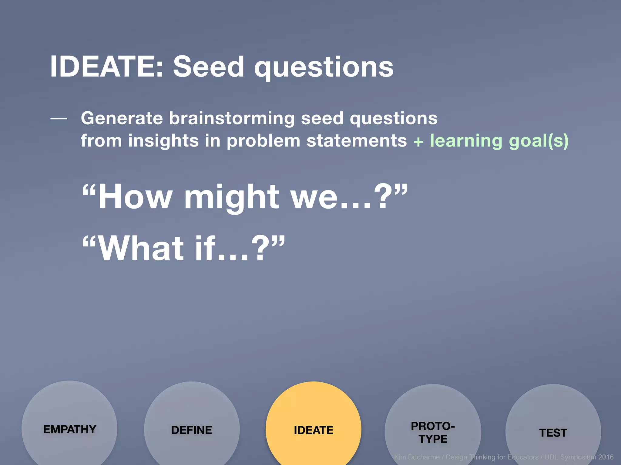 IDEATE: Seed questions
— Generate brainstorming seed questions
from insights in problem statements + learning goal(s)
“How might we…?”
“What if…?”
EMPATHY PROTO-
TYPE
TESTDEFINE IDEATE
Kim Ducharme / Design Thinking for Educators / UDL Symposium 2016
 