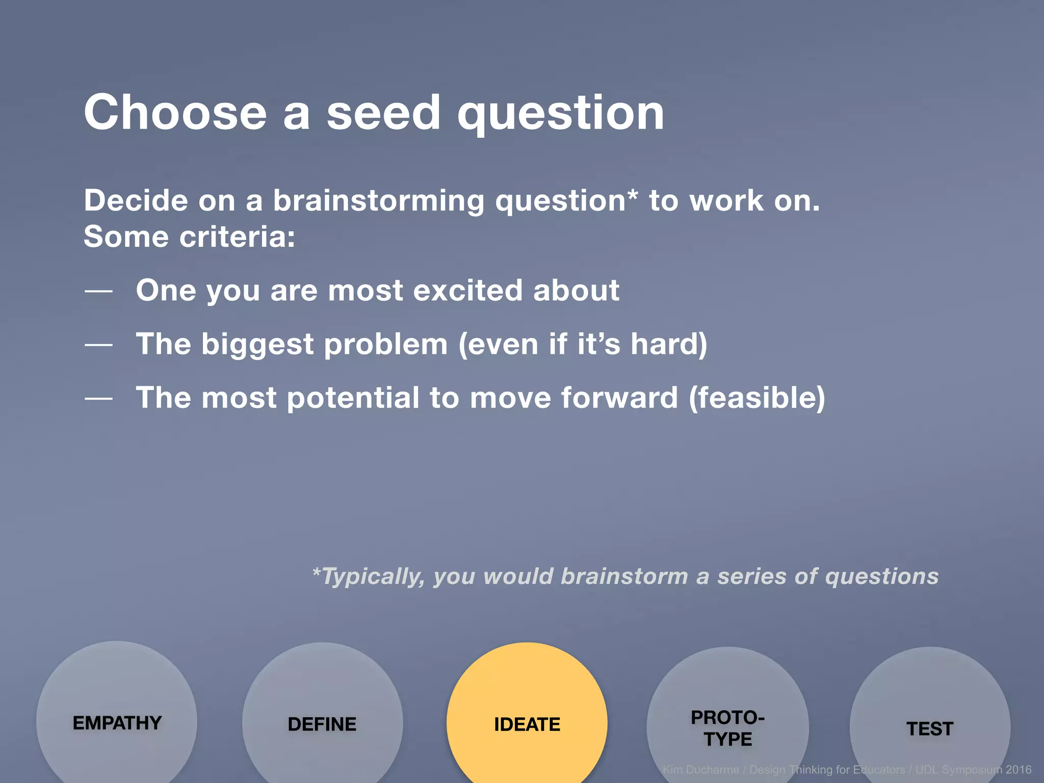Choose a seed question
Decide on a brainstorming question* to work on.
Some criteria:
— One you are most excited about
— The biggest problem (even if it’s hard)
— The most potential to move forward (feasible)
EMPATHY PROTO-
TYPE
TESTDEFINE IDEATE
*Typically, you would brainstorm a series of questions
Kim Ducharme / Design Thinking for Educators / UDL Symposium 2016
 