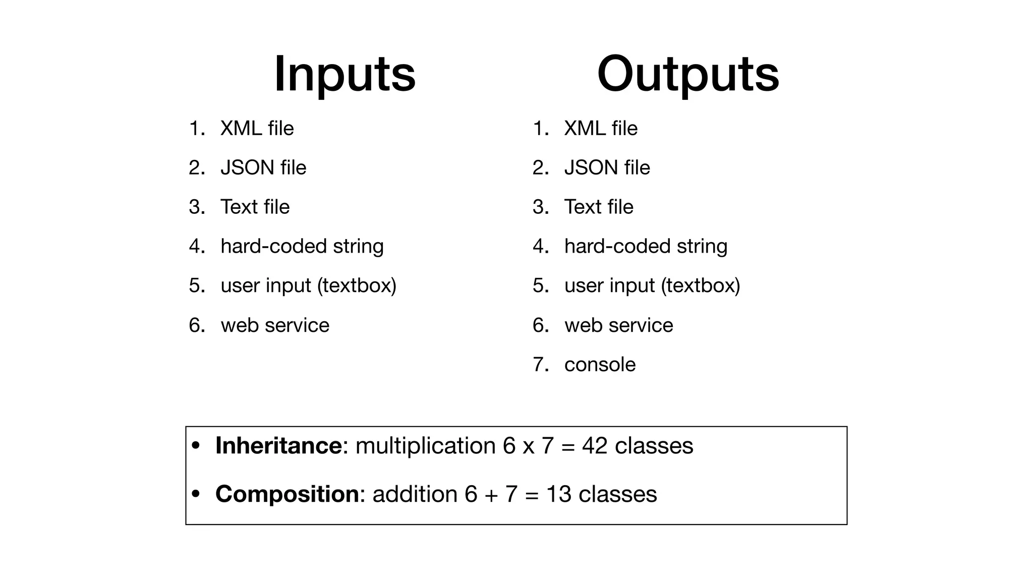 Inputs
1. XML ﬁle

2. JSON ﬁle

3. Text ﬁle

4. hard-coded string

5. user input (textbox)

6. web service
Outputs
1. XML ﬁle

2. JSON ﬁle

3. Text ﬁle

4. hard-coded string

5. user input (textbox)

6. web service

7. console
• Inheritance: multiplication 6 x 7 = 42 classes

• Composition: addition 6 + 7 = 13 classes
 