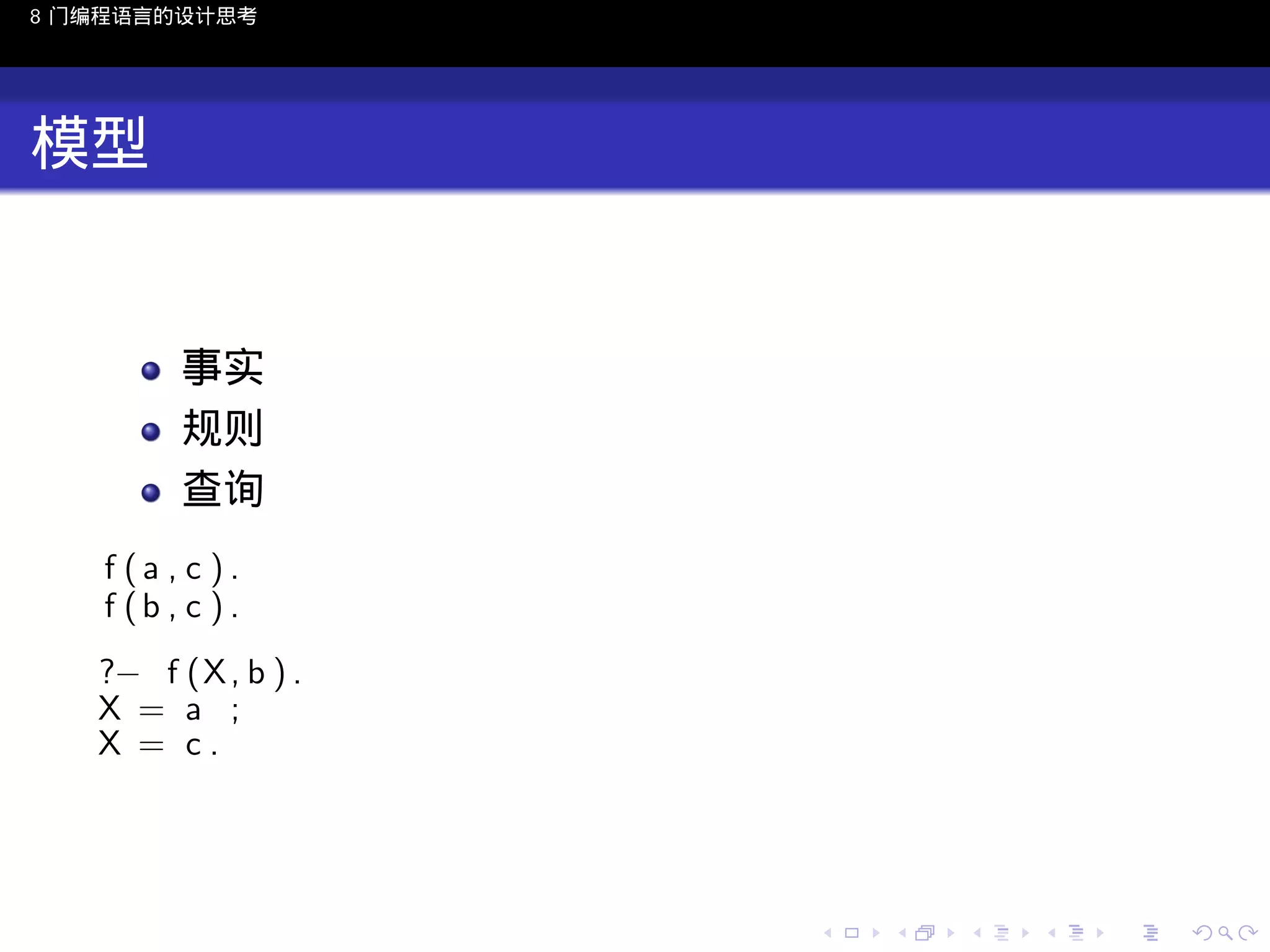 8 门编程语言的设计思考

模型

事实
规则
查询
f (a , c ).
f (b , c ) .
?− f (X , b ) .
X = a ;
X = c.

..

.
..

.
..

.

. . . . . . . . . . . .
.. .. .. .. .. .. .. .. .. .. .. .. ..

.
..

.
..

.
..

.
..

.

 