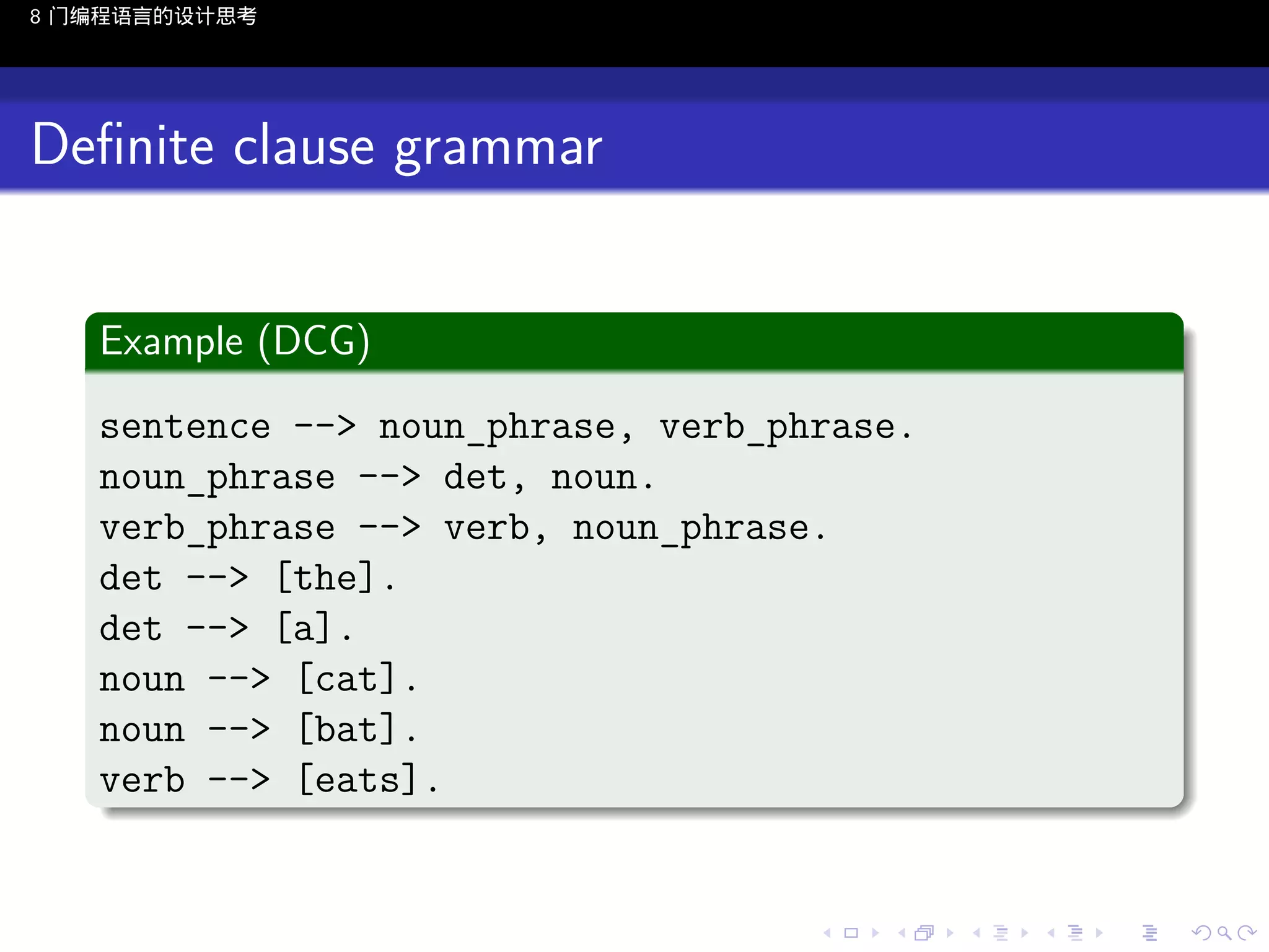 8 门编程语言的设计思考

Deﬁnite clause grammar
.
Example (DCG)
.
sentence --> noun_phrase, verb_phrase.
noun_phrase --> det, noun.
verb_phrase --> verb, noun_phrase.
det --> [the].
det --> [a].
noun --> [cat].
noun --> [bat].
verb --> [eats].
.

..

.
..

.
..

.

. . . . . . . . . . . .
.. .. .. .. .. .. .. .. .. .. .. .. ..

.
..

.
..

.
..

.
..

.

 
