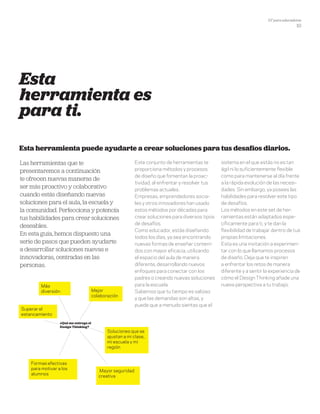 DT para educadores
10
Este conjunto de herramientas te
proporciona métodos y procesos
de diseño que fomentan la proac-
tividad, al enfrentar y resolver tus
problemas actuales.
Empresas, emprendedores socia-
les y otros innovadores han usado
estos métodos por décadas para
crear soluciones para diversos tipos
de desafíos.
Como educador, estás diseñando
todos los días, ya sea encontrando
nuevas formas de enseñar conteni-
dos con mayor eficacia, utilizando
el espacio del aula de manera
diferente, desarrollando nuevos
enfoques para conectar con los
padres o creando nuevas soluciones
para la escuela.
Sabemos que tu tiempo es valioso
y que las demandas son altas, y
puede que a menudo sientas que el
sistema en el que estás no es tan
ágil ni lo suficientemente flexible
como para mantenerse al día frente
a la rápida evolución de las necesi-
dades. Sin embargo, ya posees las
habilidades para resolver este tipo
de desafíos.
Los métodos en este set de her-
ramientas están adaptados espe-
cíficamente para ti, y te dan la
flexibilidad de trabajar dentro de tus
propias limitaciones.
Esta es una invitación a experimen-
tar con lo que llamamos procesos
de diseño. Deja que te inspiren
a enfrentar los retos de manera
diferente y a sentir la experiencia de
cómo el Design Thinking añade una
nueva perspectiva a tu trabajo.
Esta
herramienta es
para ti.
Esta herramienta puede ayudarte a crear soluciones para tus desafíos diarios.
Las herramientas que te
presentaremos a continuación
te ofrecen nuevas maneras de
ser más proactivo y colaborativo
cuando estás diseñando nuevas
soluciones para el aula, la escuela y
la comunidad. Perfecciona y potencia
tus habilidades para crear soluciones
deseables.
En esta guía, hemos dispuesto una
serie de pasos que pueden ayudarte
a desarrollar soluciones nuevas e
innovadoras, centradas en las
personas.
¿Qué me entrega el
Design Thinking?
Mejor
colaboración
Más
diversión
Superar el
estancamiento
Formas efectivas
para motivar a los
alumnos
Mayor seguridad
creativa
Soluciones que se
ajustan a mi clase,
mi escuela y mi
región
 