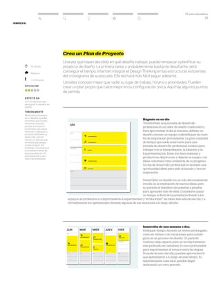 DT para educadores
21
	 20-30 Min.
	 Reflexivo
	 1-2 Personas
Dificultad
esto te da
Un cronograma claro
para guiar tu desafío de
diseño.
ten en mente
Mientras profundizas
en tu desafío, puedes
encontrar que tu plan
necesita un ajuste
porque tu proyecto
ha tomado una nueva
dirección. Deja que tu
proceso de diseño se
desarrolle natural-
mente; no sientas que
te tienes que apegar
al plan original. Sin
embargo, recuerda que
el establecimiento de
plazos puede ser útil
para impulsar tu pro-
ceso hacia adelante.
¡Empieza!
Crea un Plan de Proyecto
Una vez que hayan decidido en qué desafío trabajar, pueden empezar a planificar su
proyecto de diseño. La primera tarea, y probablemente bastante desafiante, será
conseguir el tiempo. Intenten integrar el Design Thinking en las estructuras existentes
del cronograma de su escuela. Ello les hará más fácil seguir adelante.
Ustedes conocen mejor que nadie su lugar de trabajo, horario y prioridades. Pueden
crear un plan propio que calce mejor en su configuración única. Aquí hay algunos puntos
de partida.
Háganlo en un día
Transformen una jornada de desarrollo
profesional en un taller de diseño colaborativo.
Para aprovechar el día al máximo, definan un
desafío, reúnan un equipo e identifiquen las fuen-
tes de inspiración previamente. La gran cantidad
de tiempo que suele reservarse para una
jornada de desarrollo profesional es ideal para
trabajar con la Interpretación, la Ideación y la
Experimentación. Estas son fases intensas y
productivas del proceso y dejarán al equipo con
ideas concretas como evidencia de su progreso.
Un día de desarrollo profesional es también una
oportunidad ideal para salir al mundo y buscar
inspiración.
Desarrollar un desafío en un solo día usualmente
resulta en la inspiración de nuevas ideas, pero
no permite el beneficio de ponerlas a prueba
para aprender más de ellas. Consideren pasar
un tiempo al final de la jornada invitando a los
equipos de profesores a comprometerse a experimentar y “evolucionar” las ideas más allá de ese día y a
retroalimentar los aprendizajes durante algunas de sus reuniones a lo largo del año.
Inmersión de una semana o dos.
Dediquen tiempo durante un receso prolongado,
como en verano o en vacaciones, para sumer-
girse en un proceso de diseño. Un período
continuo deja espacio para un involucramiento
más profundo en cada fase. Es una oportunidad
para experimentar el avance entre las etapas.
Durante el resto del año, pueden aprovechar lo
que aprendieron a lo largo de este tiempo. Es
impresionante cuán lejos pueden llegar
dedicando un corto período.
5pm
Mediodía
8am
DÍA
DESCUBRIMIENTO
InterpretaCIÓN
IdeaCIÓN
ExperimentaCIÓN
EvolUCIÓN
5pm
noon
8am
lun
5pm
noon
8am
mar
5pm
noon
8am
mier
5pm
noon
8am
juev
5pm
mediodía
8am
vier
Descubrimiento
Interpretación
Ideación
Experimentación
Evolución
Descubrimiento
Interpretación
 