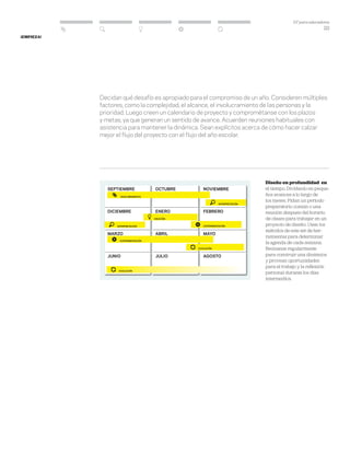DT para educadores
22
¡Empieza!
Decidan qué desafío es apropiado para el compromiso de un año. Consideren múltiples
factores, como la complejidad, el alcance, el involucramiento de las personas y la
prioridad. Luego creen un calendario de proyecto y comprométanse con los plazos
y metas, ya que generan un sentido de avance. Acuerden reuniones habituales con
asistencia para mantener la dinámica. Sean explícitos acerca de cómo hacer calzar
mejor el flujo del proyecto con el flujo del año escolar.
Diseño en profundidad en
el tiempo. Divídanlo en peque-
ños avances a lo largo de
los meses. Pidan un período
preparatorio común o una
reunión después del horario
de clases para trabajar en un
proyecto de diseño. Usen los
métodos de este set de her-
ramientas para determinar
la agenda de cada semana.
Reúnanse regularmente
para construir una dinámica
y provean oportunidades
para el trabajo y la reflexión
personal durante los días
intermedios.
Septiembre Octubre Noviembre
Diciembre enero FebRero
Marzo Abril Mayo
Junio Julio Agosto
Descubrimiento
Interpretación
Ideación
Experimentación
Experimentación
Evolución
Evolución
Interpretación
 