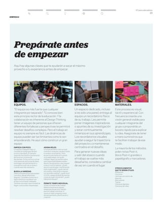 DT para educadores
23
EQUIPOS.
"El equipo es más fuerte que cualquier
integrante por separado": Tú conoces bien
este principio rector de la educación. Y la
colaboración es inherente al Design Thinking:
tener un equipo de personas que ofrecen
diferentes fortalezas y perspectivas te permitirá
resolver desafíos complejos. Pero el trabajo en
equipo no siempre es fácil. Las dinámicas de
equipo pueden ser tan limitantes como lo son
empoderando. He aquí cómo construir un gran
equipo:
EMPIEZA CON POCO.
Un equipo trabajará mejor si
consiste en subgrupos de dos
a cinco individuos. El tamaño
reducido facilitará la coordinación
de horarios y la toma de
decisiones. Invita a otros a unirse
a las sesiones de lluvias de ideas,
a entregar retroalimentación o
a ayudarte a salir de un atasco
cuando sea más necesario.
BUSCA LA VARIEDAD.
Selecciona personas que puedan
contribuir desde diferentes
ángulos. Considera involucrar a
algún directivo o profesor con
el que nunca hayas trabajado.
Tendrás una mejor oportunidad de
llegar a soluciones inesperadas.
AsIgnA roles.
Un entendimiento claro en qué
contribuir al equipo, ayuda a todos
a conducir el proyecto . Esto
es particularmente útil cuando
no puedes elegir con quién
trabajar: llega a acuerdos sobre
qué responsabilidades pueden
asumir las personas y que saquen
a relucir sus fortalezas. ¿Quién
será el coordinador, manteniendo
todo organizado?, ¿quién será el
entusiasta, inspirando al equipo
con grandes sueños?, ¿quién es el
criticón, asegurándose de que las
cosas se sigan moviendo?, ¿quién
liderará el equipo?
PERMITE TIEMPO INDIVIDUAL.
Si bien la mayoría del trabajo
debería hacerse en equipo,
asegúrate de permitir tiempo
para el trabajo individual. A
veces el mejor progreso viene
del pensamiento, planificación y
creación.
Prepárate antes
de empezar
ESPACIOS.
Un espacio dedicado, incluso
si es solo una pared, entrega al
equipo un recordatorio físico
de su trabajo. Les permite
poner imágenes inspiradoras
o apuntes de su investigación
y estar continuamente
inmersos en sus aprendizajes.
Los recordatorios visuales
ayudan a seguir la trayectoria
del proyecto y a mantenerse
centrados en el desafío.
Para generar nuevas ideas
y salir del atasco cuando
el trabajo se vuelve más
desafiante, considera cambiar
de vez en cuando el lugar.
Materiales.
Este proceso es visual,
táctil y experiencial. Con
frecuencia crearás una
visión general visible para
cualquier integrante del
grupo o propondrás un
boceto rápido para explicar
tu idea. Asegúrate de tener
a mano suministros que
te faciliten trabajar de ese
modo.
La mayoría de los métodos
piden notas Post-it,
blocs Post-it grandes o
papelógrafo y marcadores.
OTROS ELEMENTOS
QUE TE SERÁN ÚTILES:
Adhesivos
Cartulina
Láminas con centro de
espuma
Marcadores
Tijeras
Cámaras digitales
Cámaras de video
Aquí hay algunas claves que te ayudarán a sacar el máximo
provecho a tu experiencia antes de empezar.
¡Empieza!
 