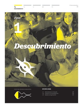 DT para educadores
24
DESCUBRIMIENTO
Fase
1
PUNTO del proceso donde estás: EN ESTA FASE:
1-1 	 Entendiendo el desafío	 26
1-2 	 Prepara la investigación	 29
1-3 	 Reúne la inspiración	 33
Descubrimiento
 