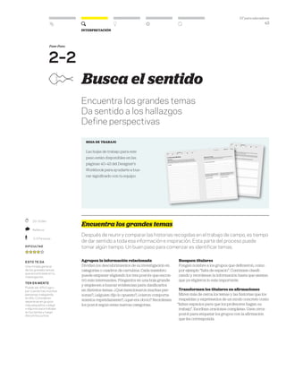 DT para educadores
43
Interpretación
	 20–50 Min.
	 Reflexivo
	 2–5 Personas
Dificultad
esto te da
Una mirada general
de los grandes temas
que encontraste en tu
investigación.
ten en mente
Puede ser difícil agru-
par cuando hay muchas
personas trabajando
en ello. Consideren
separarse en grupos
más pequeños o elegir
a algunos para trabajar
en los temas y luego
discutirlos juntos.
Busca el sentido
Encuentra los grandes temas
Da sentido a los hallazgos
Define perspectivas
HOJA DE TRABAJO
Las hojas de trabajo para este
paso están disponibles en las
páginas 40–42 del Designer’s
Workbook para ayudarte a bus-
car significado con tu equipo.
Encuentra los grandes temas
Después de reunir y comparar las historias recogidas en el trabajo de campo, es tiempo
de dar sentido a toda esa información e inspiración. Esta parte del proceso puede
tomar algún tiempo. Un buen paso para comenzar es identificar temas.
Agrupen la información relacionada
Dividan los descubrimientos de su investigación en
categorías o cuadros de cartulina. Cada miembro
puede empezar eligiendo los tres post-its que encon-
tró más interesantes. Pónganlos en una hoja grande
y empiecen a buscar evidencias para clasificarlos
en distintos temas. ¿Qué mencionaron muchas per-
sonas?, ¿alguien dijo lo opuesto?, ¿vieron comporta-
mientos repetidamente?, ¿qué era obvio? Reordenen
los post-it según estas nuevas categorías.
Busquen titulares
Pongan nombre a los grupos que definieron, como
por ejemplo “falta de espacio”. Continúen clasifi-
cando y reordenen la información hasta que sientan
que ya eligieron lo más importante.
Transformen los titulares en afirmaciones
Miren más de cerca los temas y las historias que los
respaldan y exprésenlos de un modo concreto como
“faltan espacios para que los profesores hagan su
trabajo”. Escriban oraciones completas. Usen otros
post-it para etiquetar los grupos con la afirmación
que les corresponda.
Fase-Paso
2–2
 