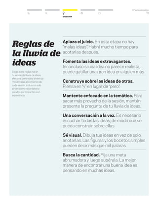 DT para educadores
51
Ideación
Reglas de
la lluvia de
ideas
Estas siete reglas harán
tu sesión de lluvia de ideas
efectiva, centrada y divertida.
Preséntalas al comienzo de
cada sesión, incluso si solo
sirven como recordatorio
para los participantes con
experiencia.
Aplaza el juicio. En esta etapa no hay
“malas ideas”. Habrá mucho tiempo para
acotarlas después.
Fomenta las ideas extravagantes.
Inconcluso si una idea no parece realista,
puede gatillar una gran idea en alguien más.
Construye sobre las ideas de otros.
Piensa en “y” en lugar de “pero”.
Mantente enfocado en la temática. Para
sacar más provecho de la sesión, mantén
presente la pregunta de tu lluvia de ideas.
Una conversación a la vez. Es necesario
escuchar todas las ideas, de modo que se
pueda construir sobre ellas.
Sé visual. Dibuja tus ideas en vez de solo
anotarlas. Las figuras y los bocetos simples
pueden decir más que mil palaras.
Busca la cantidad. Fija una meta
abrumadora y luego supérala. La mejor
manera de encontrar una buena idea es
pensando en muchas ideas.
 