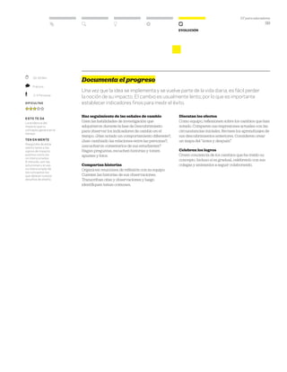 DT para educadores
69
Evolución
Documenta el progreso
Una vez que la idea se implementa y se vuelve parte de la vida diaria, es fácil perder
la noción de su impacto. El cambio es usualmente lento, por lo que es importante
establecer indicadores finos para medir el éxito.
Haz seguimiento de las señales de cambio
Usen las habilidades de investigación que
adquirieron durante la fase de Descubrimiento
para observar los indicadores de cambio en el
tiempo. ¿Han notado un comportamiento diferente?,
¿han cambiado las relaciones entre las personas?,
¿escucharon comentarios de sus estudiantes?
Hagan preguntas, escuchen historias y tomen
apuntes y fotos.
Compartan historias
Organicen reuniones de reflexión con su equipo.
Cuenten las historias de sus observaciones.
Transcriban citas y observaciones y luego
identifiquen temas comunes.
Discutan los efectos
Como equipo, reflexionen sobre los cambios que han
notado. Comparen sus impresiones actuales con las
circunstancias iniciales. Revisen los aprendizajes de
sus descubrimientos anteriores. Consideren crear
un mapa del “antes y después”.
Celebren los logros
Creen conciencia de los cambios que ha traído su
concepto. Incluso si es gradual, celébrenlo con sus
colegas y anímenlos a seguir colaborando.
	 30–60 Min.
	 Práctico
	 2–4 Personas
Dificultad
esto te da
La evidencia del
impacto que tu
concepto genera en el
tiempo.
ten en mente
Asegúrate de estar
atento tanto a los
signos de impacto
positivo como los
no intencionados.
A menudo, son las
soluciones y el uso
no intencionado de
los conceptos los
que delatan nuevos
desafíos de diseño.
 