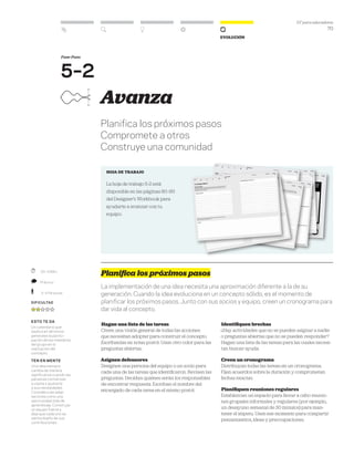 DT para educadores
70
Evolución
Avanza
Planifica los próximos pasos
Compromete a otros
Construye una comunidad
hoja de trabajo
La hoja de trabajo 5-2 está
disponible en las páginas 80–93
del Designer’s Workbook para
ayudarte a avanzar con tu
equipo.
Planifica los próximos pasos
La implementación de una idea necesita una aproximación diferente a la de su
generación. Cuando la idea evoluciona en un concepto sólido, es el momento de
planificar los próximos pasos. Junto con sus socios y equipo, creen un cronograma para
dar vida al concepto.
Hagan una lista de las tareas
Creen una visión general de todas las acciones
que necesitan adoptar para construir el concepto.
Escríbanlas en notas post-it. Usen otro color para las
preguntas abiertas.
Asignen defensores
Designen una persona del equipo o un socio para
cada una de las tareas que identificaron. Revisen las
preguntas. Decidan quiénes serán los responsables
de encontrar respuesta. Escriban el nombre del
encargado de cada tarea en el mismo post-it.
Identifiquen brechas
¿Hay actividades que no se pueden asignar a nadie
o preguntas abiertas que no se pueden responder?
Hagan una lista de las tareas para las cuales necesi-
tan buscar ayuda.
Creen un cronograma
Distribuyan todas las tareas en un cronograma.
Fijen acuerdos sobre la duración y comprometan
fechas exactas.
Planifiquen reuniones regulares
Establezcan un espacio para llevar a cabo reunio-
nes grupales informales y regulares (por ejemplo,
un desayuno semanal de 30 minutos) para man-
tener el ímpetu. Usen ese momento para compartir
pensamientos, ideas y preocupaciones.
Fase-Paso
5–2
	30–45Min.
	 Práctico
	 2–4 Personas
Dificultad
esto te da
Un calendario que
explica en términos
generales la partici-
pación de los miembros
del grupo en la
realización del
concepto.
ten en mente
Una idea siempre
cambia de manera
significativa cuando las
personas comienzan
a usarla y ajustarla
a sus necesidades.
Considera las adap-
taciones como una
oportunidad más de
aprendizaje. Construye
un equipo fuerte y
deja que cada uno se
sienta dueño de sus
contribuciones.
 