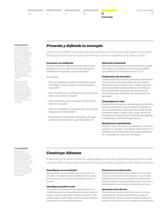 DT para educadores
72
Evolución
Presenta y defiende tu concepto
Una historia creíble e inspiradora ayuda a convencer a otros para que apoyen el concepto
del equipo. Construyan un pitch para motivar a otros a ayudarlos a dar vida a su idea.
Conozcan a su audiencia
Piensen a quiénes tratan de motivar sobre su idea.
Pónganse en el caso del oyente: ¿qué hará que se
interesen en la historia?, ¿qué los motivará?
Por ejemplo:
»	Para los educadores: ¿cómo me ayudará a hacer
mi trabajo?, ¿cómo ayudará a mis estudiantes a
tener éxito?
»	 Para los directivos: ¿cómo afecta esto la visión que
tienen otros sobre la escuela?
»	 Para los padres: ¿cómo ayudará a mi hijo a tener
éxito en la escuela?
»	 Para los estudiantes: ¿cómo hará esto que el apren-
dizaje sea más entretenido?
»	 Para miembros potenciales del equipo: ¿por qué
querría ser parte de esto?, ¿qué tiene para mí?
Subrayen el potencial
Elaboren una exposición provocadora para su idea.
Emocionen a la audiencia con las oportunidades
que ustedes ven. Formúlenlo como “¿Y si…?”
Construyan una narrativa
Cuenten una historia breve y atractiva, enfocándose
en los aspectos más importantes de su concepto.
Describan lo que inspira su idea y cómo responde
a las necesidades que descubrieron. Describan la
retroalimentación temprana que obtuvieron de
los prototipos que han hecho o los pilotos que han
ejecutado.
Comuniquen el valor
Expliquen el valor que su idea entrega a los distintos
grupos involucrados. Sean explícitos e ilustrativos
en sus descripciones. Sean específicos sobre lo que
necesita el equipo. Tengan claro lo que quieren de
su audiencia. Tengan a mano la lista de necesidades
y comuniquen si necesitan algún apoyo.
Incentiven la contribución
Inviten a otros a unirse a la conversación o ayudar a
construir el concepto. Consideren comprometer a su
audiencia en una actividad que los deje experimen-
tar y participar en el proceso de diseño.
Construye Alianzas
A menudo no se tienen todas las capacidades o recursos disponibles para llevar a cabo
una idea. Miren afuera y encuentren socios que puedan ayudarlos a dar vida al concepto.
Especifiquen sus necesidades
Revisen la lista de necesidades que crearon para su
concepto. Consideren las necesidades para las cuales
tienen los recursos y las que no pueden hacer por sí
mismos.
Identifiquen posibles socios
Creen una visión general de las organizaciones o los
individuos que tienen capacidades de las que carece el
equipo. ¿Qué relación tienen ustedes con ellos?, ¿cómo
pueden llegar a ellos? Hagan una lista de qué miembros
contactarán a estos potenciales socios.
Estructuren la colaboración
Adapten su historia-pitch para compartir con los nue-
vos socios la emoción que sienten por su idea y comu-
niquen claramente sus expectativas de colaboración.
Redacten metas y responsabilidades para construir un
entendimiento común de las contribuciones de todos.
Aprendan el uno del otro
Conviertan las interacciones con el socio en un inter-
cambio genuino de ideas significativas. Tengan un
diálogo abierto sobre su progreso, hagan muchas pre-
guntas y animen a los socios a compartir lo que piensan.
ten en mente
Consideren la historia
que están compar-
tiendo o el concepto
que están defendiendo
como un prototipo en
sí mismo. Puede que
tengas que contar tu
historia unas cuantas
veces o hablar con
algunos socios antes
de encontrar el sistema
más adecuado. Cada
vez que comprometes
a alguien, puedes
continuar refinando tu
historia.
No te preocupes.
Empieza comuni-
cando lo que más
te emociona. Habla
sobre la oportunidad
y las grandes ideas en
lugar de los pequeños
detalles. Esto permite
que otros vean el
valor y contribuyan al
concepto.
ten en mente
No te sientas
intimidado por los
diferentes estilos de
trabajo que encuentres
en tus socios: cada
institución educacional
tiene su propio carácter
y las organizaciones
públicas o privadas
operan a su modo. Mira
estas diferencias como
una oportunidad de
aprendizaje.
 